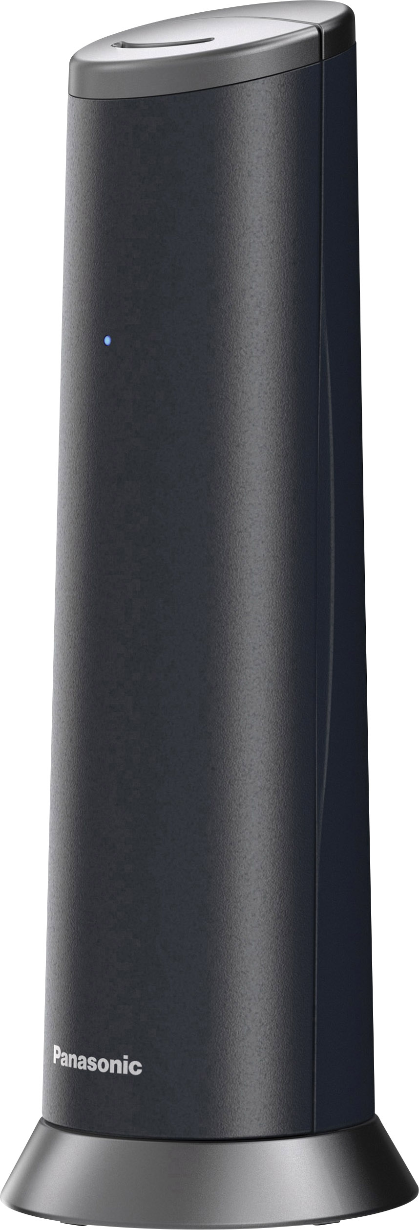A sleek, black, cylindrical air purifier with a small blue light at the front and a 'Panasonic' label at the bottom.