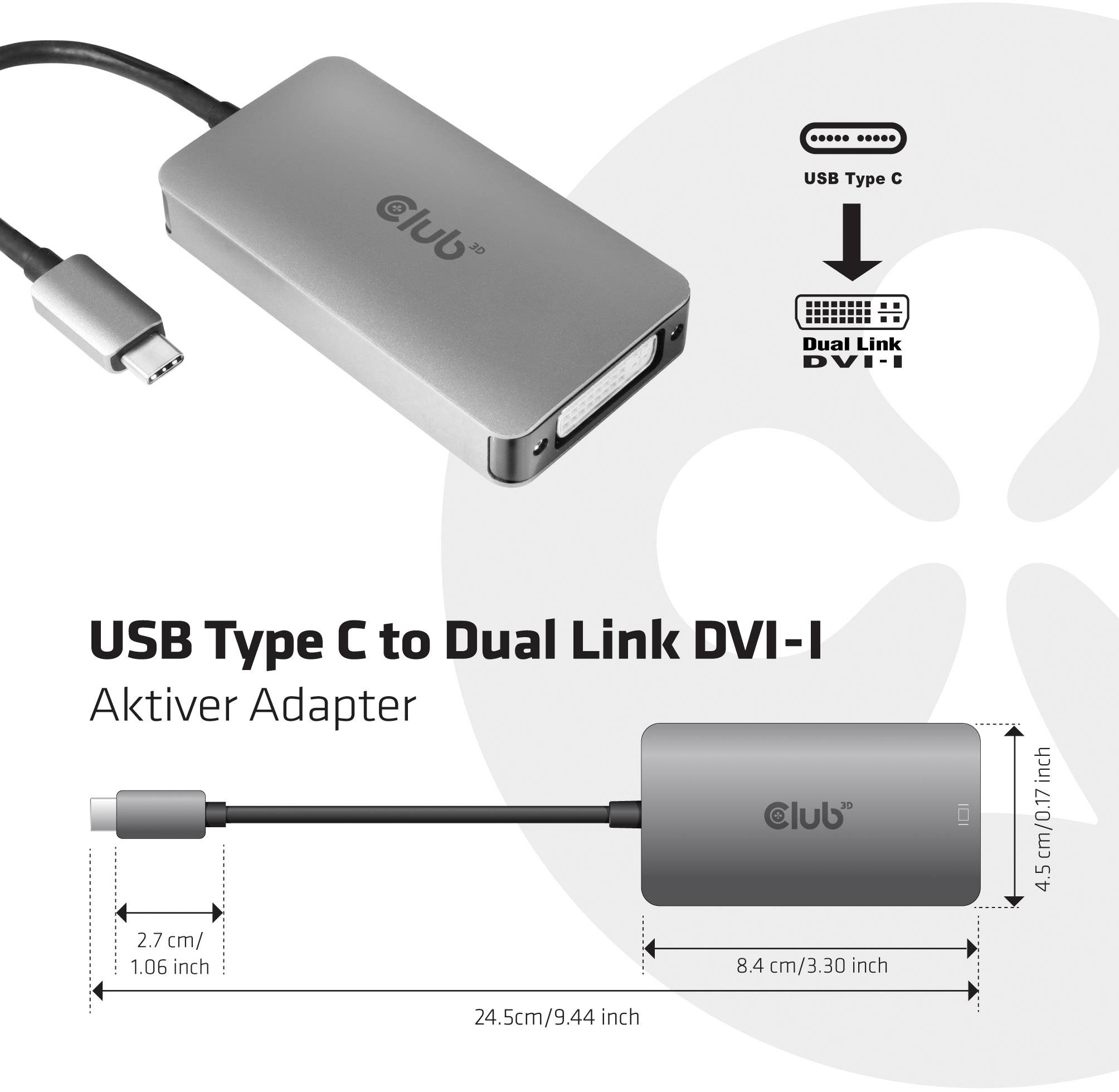 USB Type C to Dual Link DVI-I adapter, silver, with dimensions: 24.5 cm length, 8.4 cm width, 4.5 cm height.