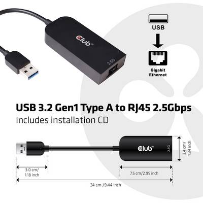 'USB 3.2 Gen1 Type A to RJ45 2.5Gbps Adapter with Installation CD. Dimensions: 24 cm Total, Device: 7.5 cm x 2.9 cm x 3.4 cm.'