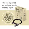 A packaging with a USB cable on it shows the label 'This environmentally friendly packaging is printed on recycled paper'.