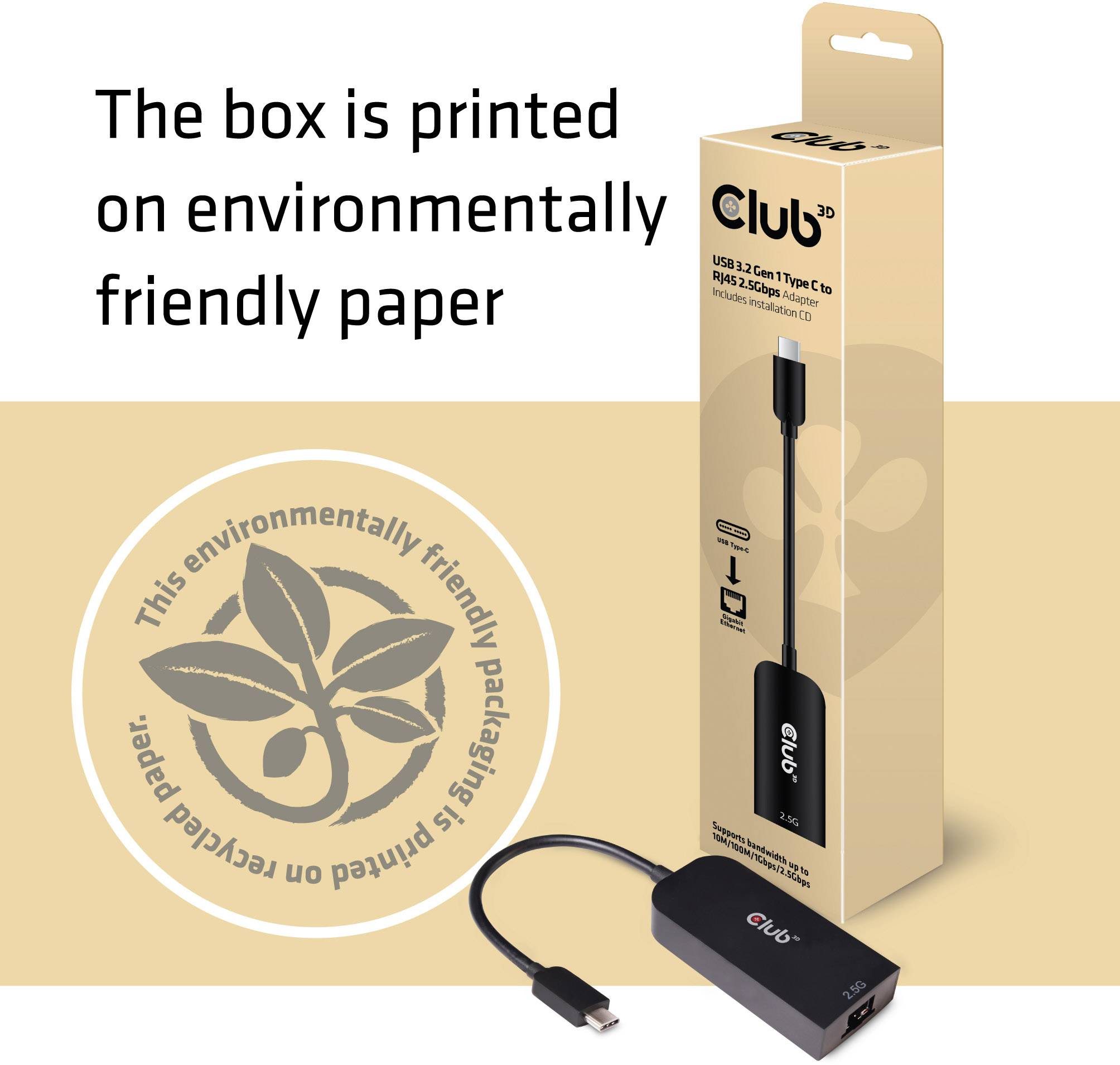 A USB 3.2 Gen1 Type-C to HDMI adapter with environmentally friendly packaging made from recycled paper is shown.