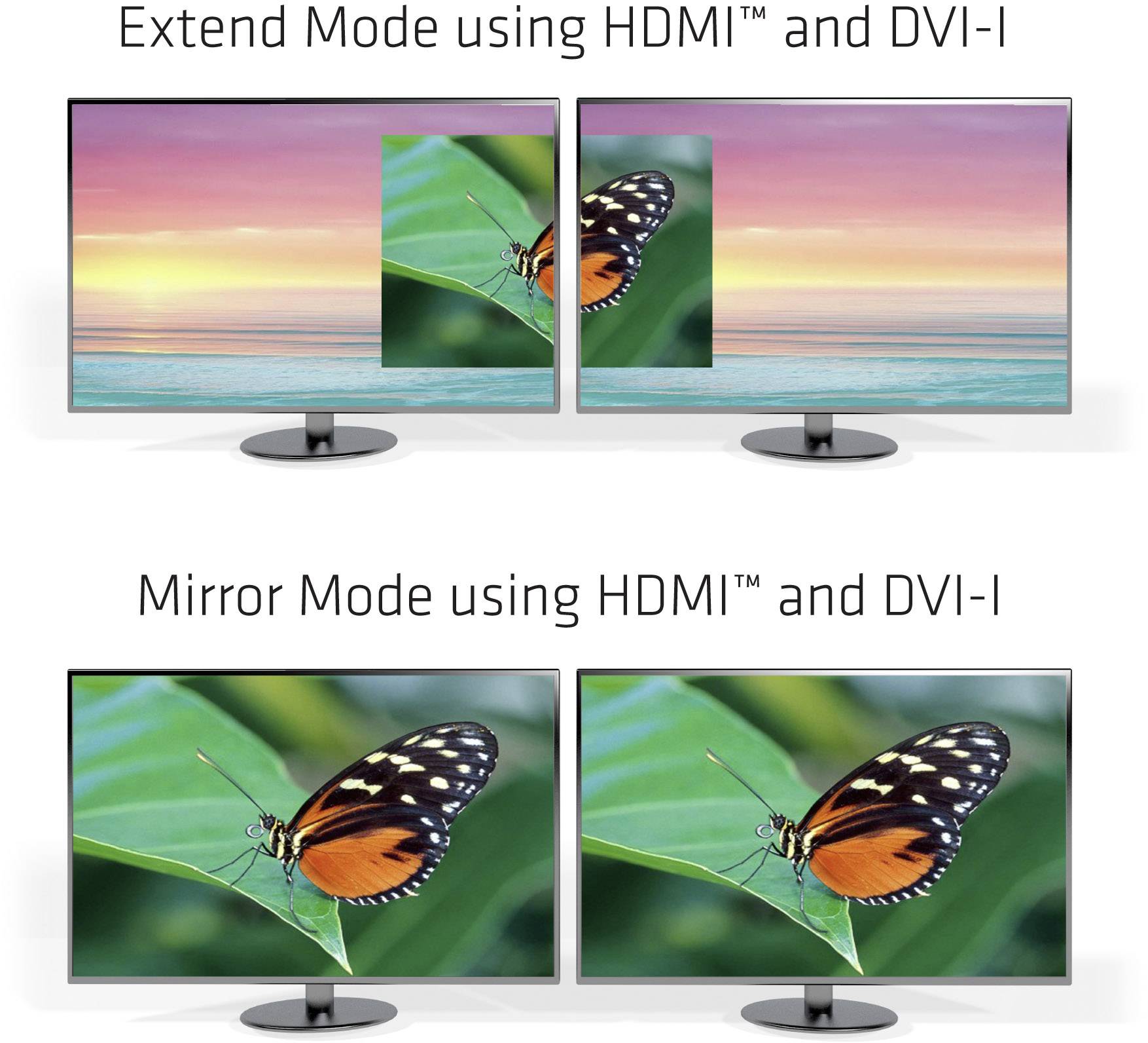 Two screens at the top show the extended mode: different contents with a butterfly image. At the bottom, the mirror mode is displayed: identical content on both screens.