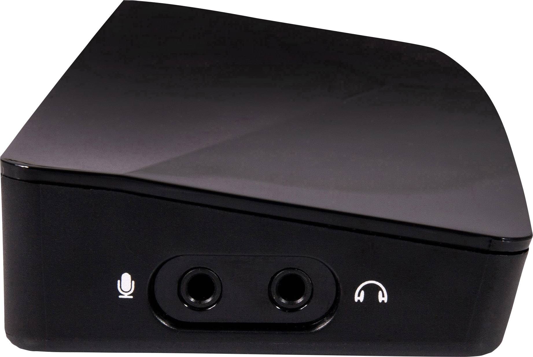 Black, rectangular hardware box with connections: microphone and headphone inputs on the front.