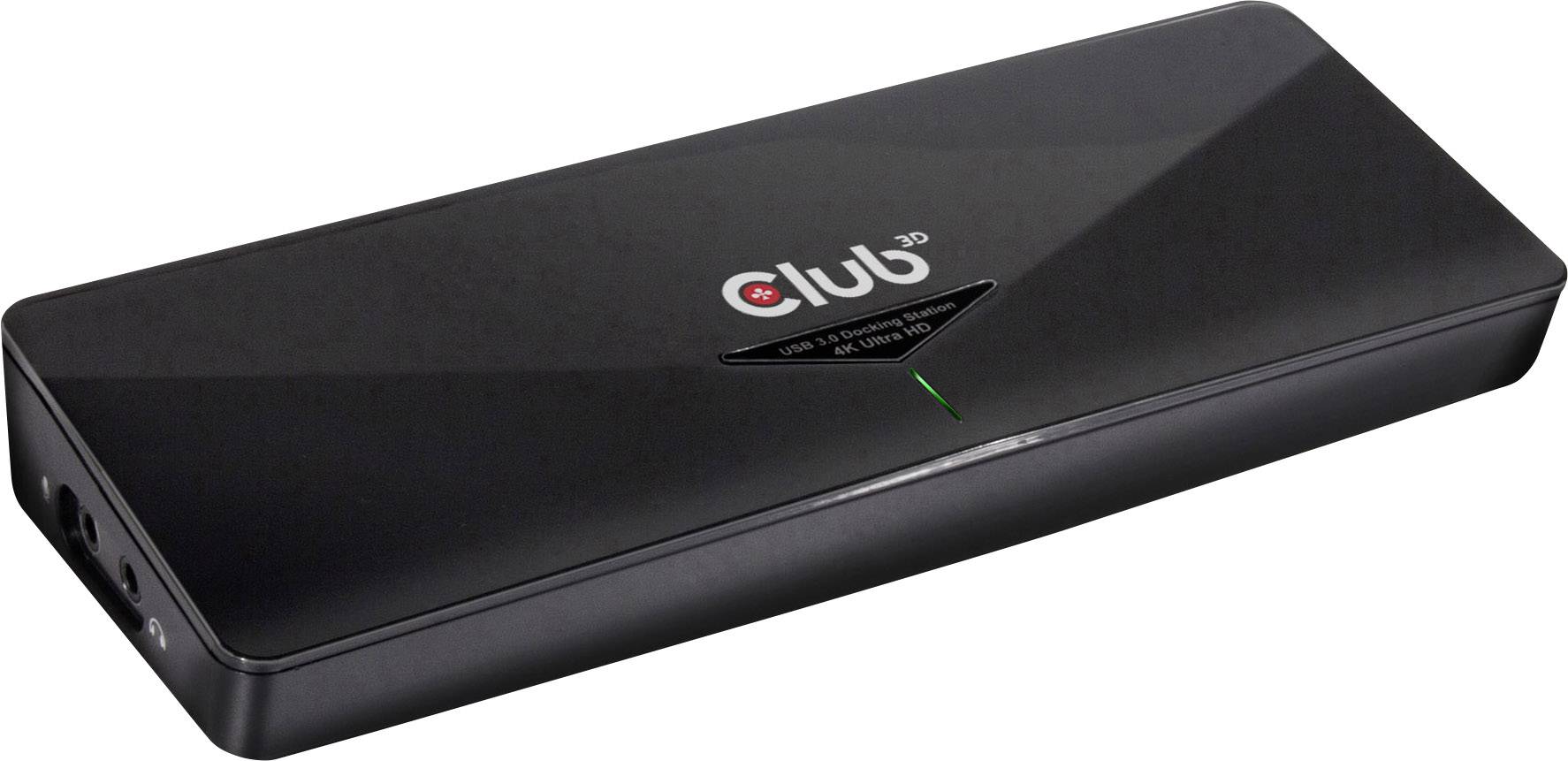 Black USB docking station by Club 3D, rectangular in shape, slim, with logo and LED indicator on the top surface.