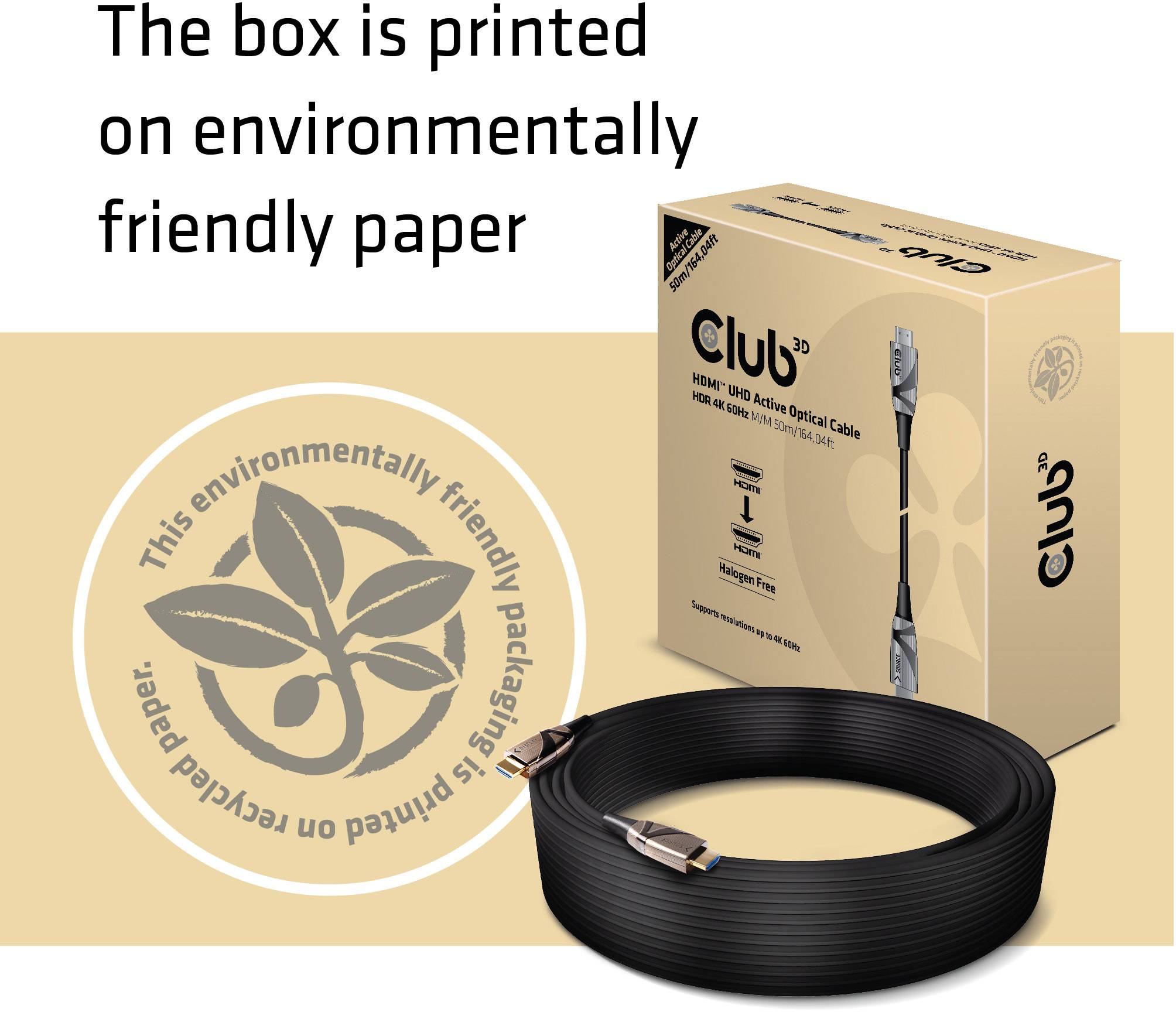 A packaging with an HDMI cable and the text 'The box is printed on environmentally friendly paper' along with an eco-friendly symbol.