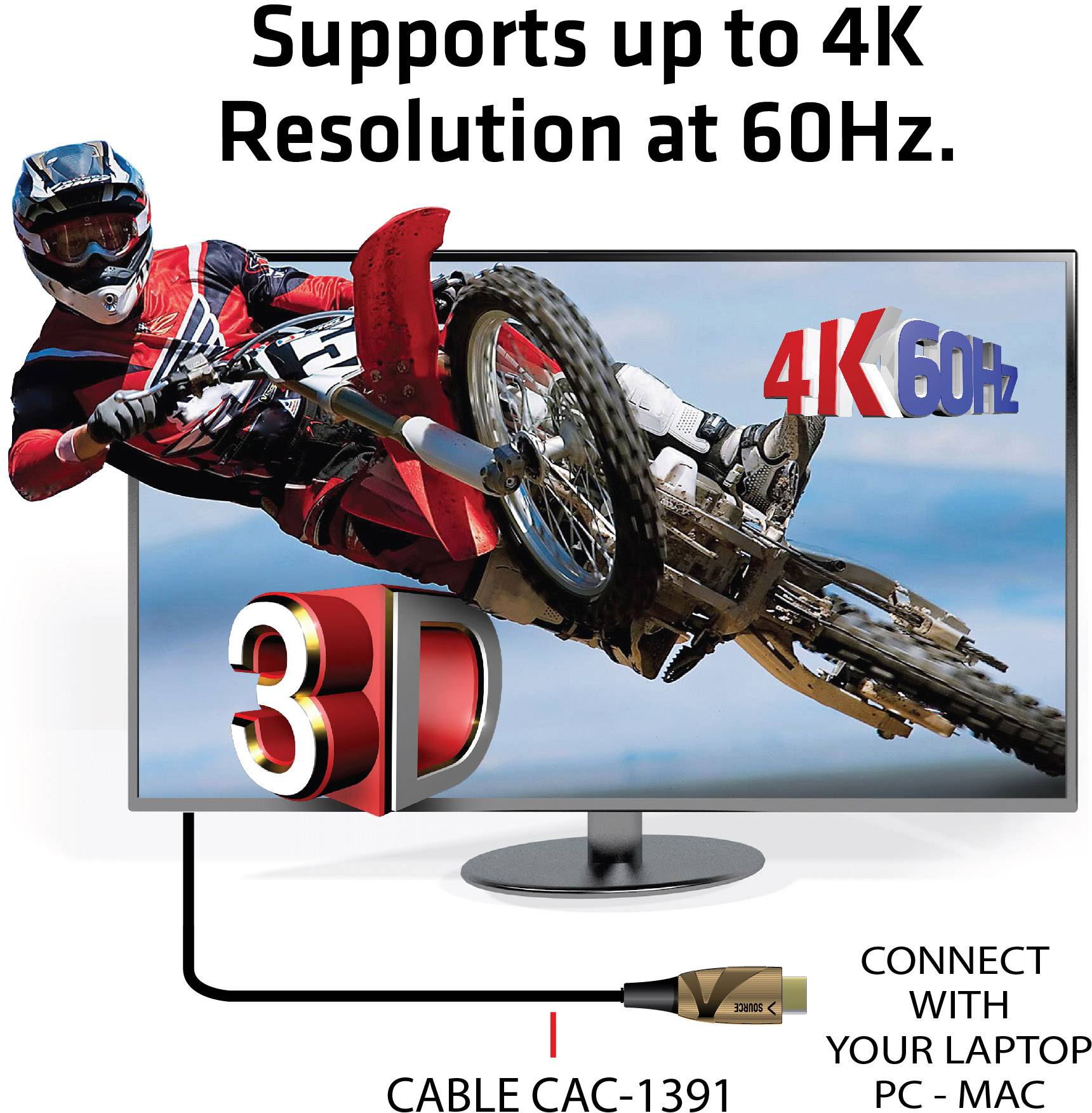 A monitor displays a motocross rider leaping out of the screen. Text: 'Supports up to 4K resolution at 60Hz'.