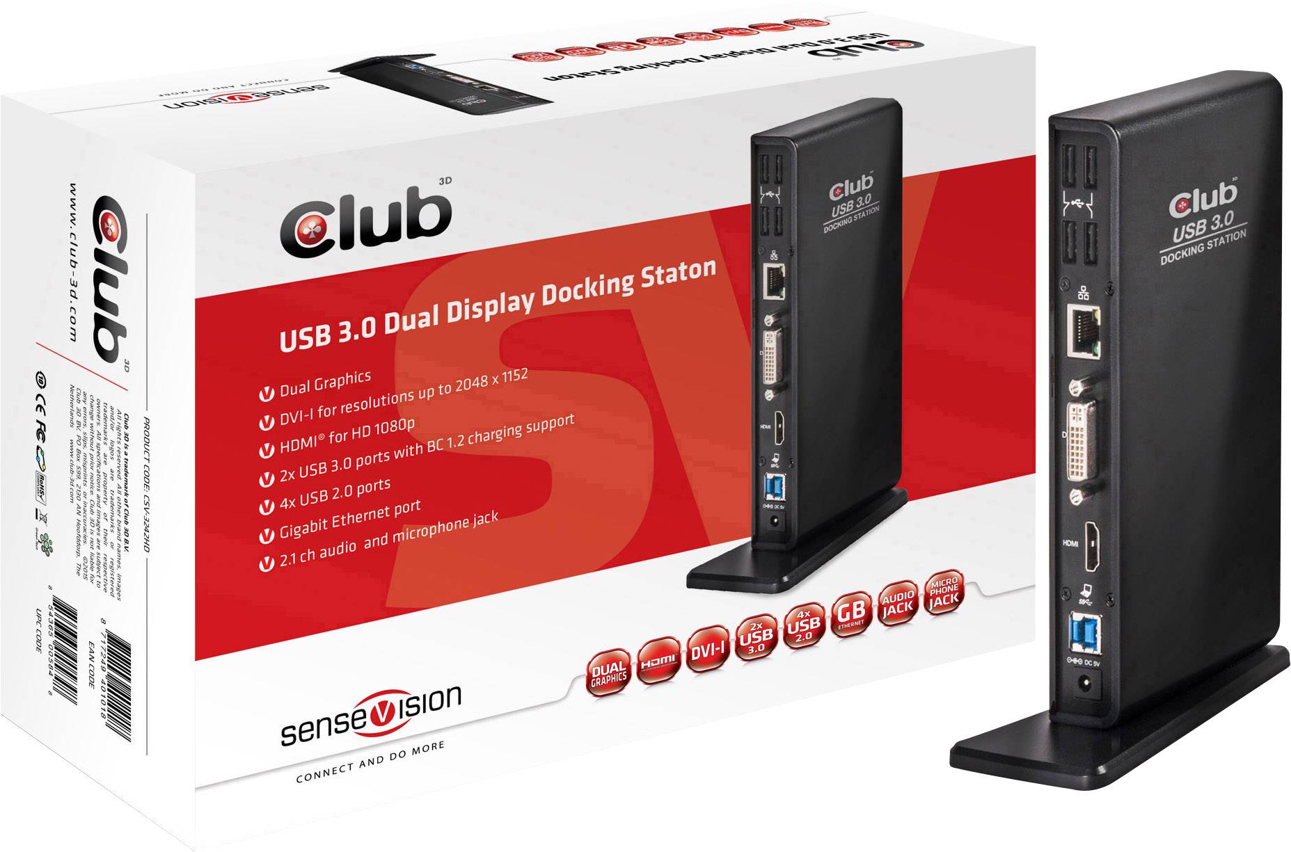 'USB 3.0 Dual Display Docking Station' Packaging and Product. Supports dual displays, HDMI, DVI, 5.1 Audio, Ethernet, multiple USB ports.
