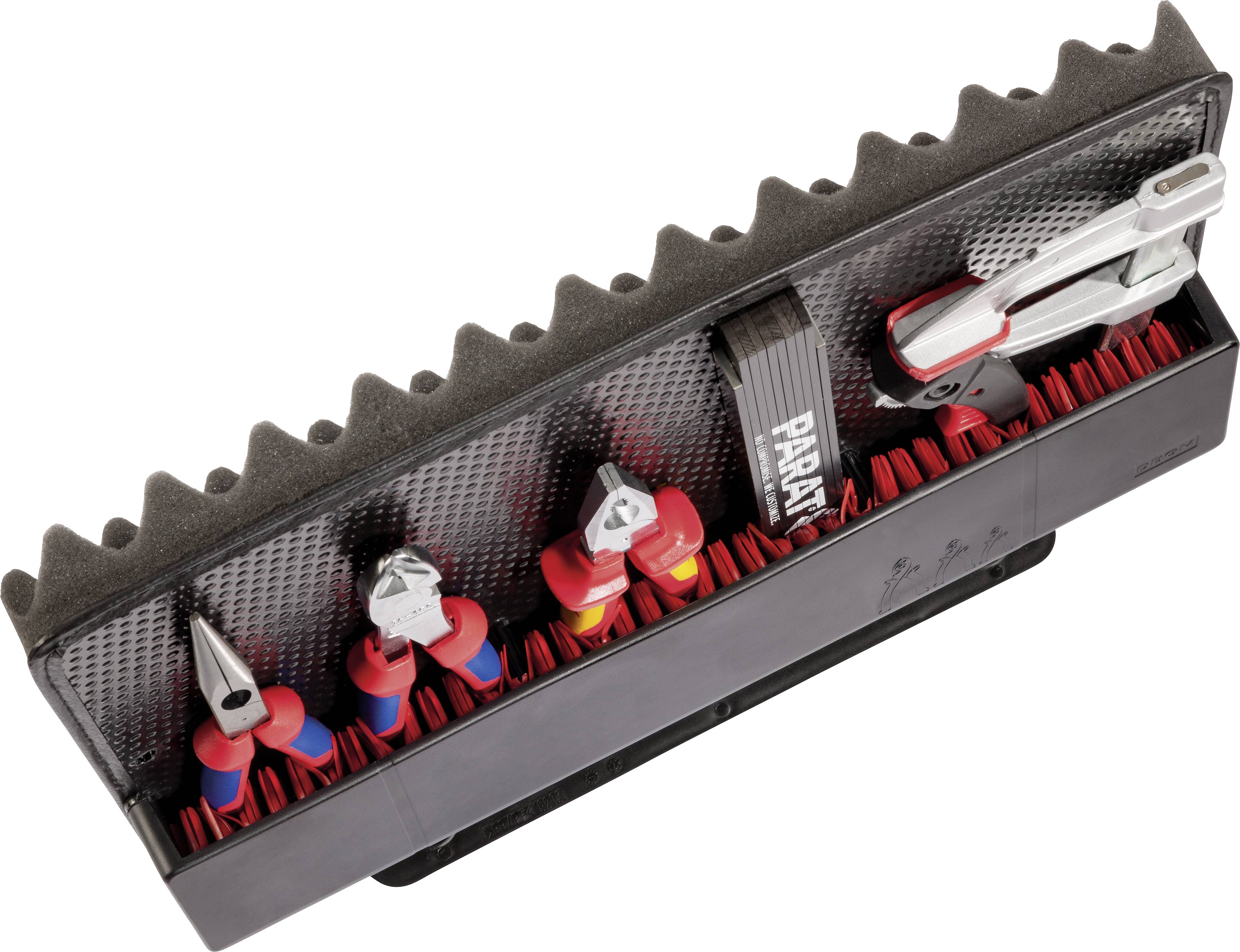 A set of hand tools, comprising pliers and spanners, housed in an organised plastic holder.