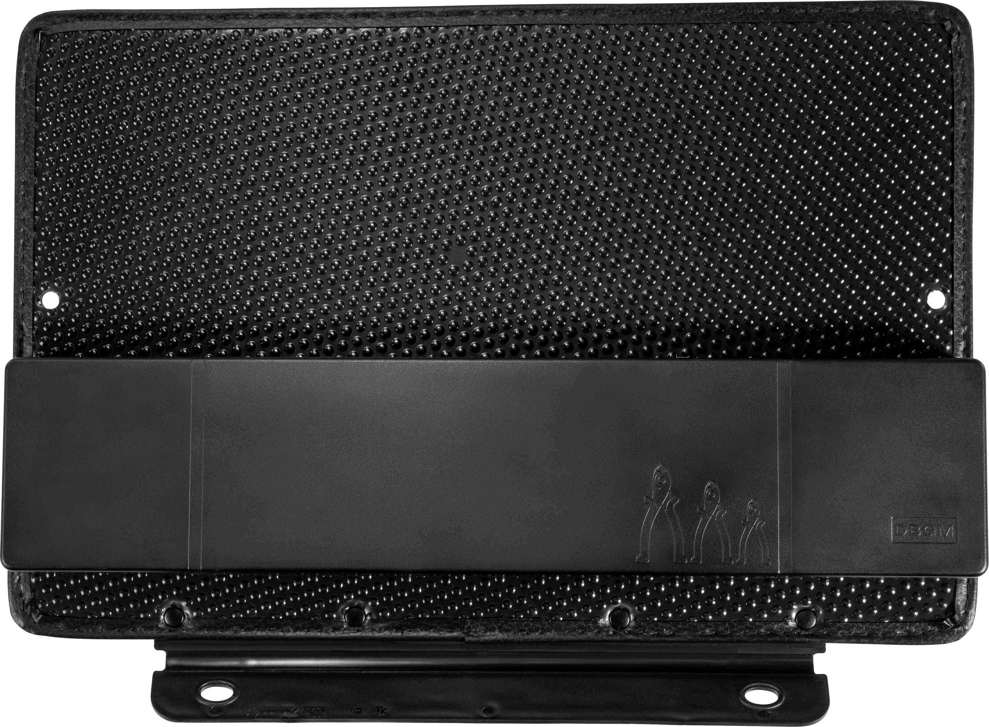 A rectangular black tool tray with a structured surface and multiple mounting slots.