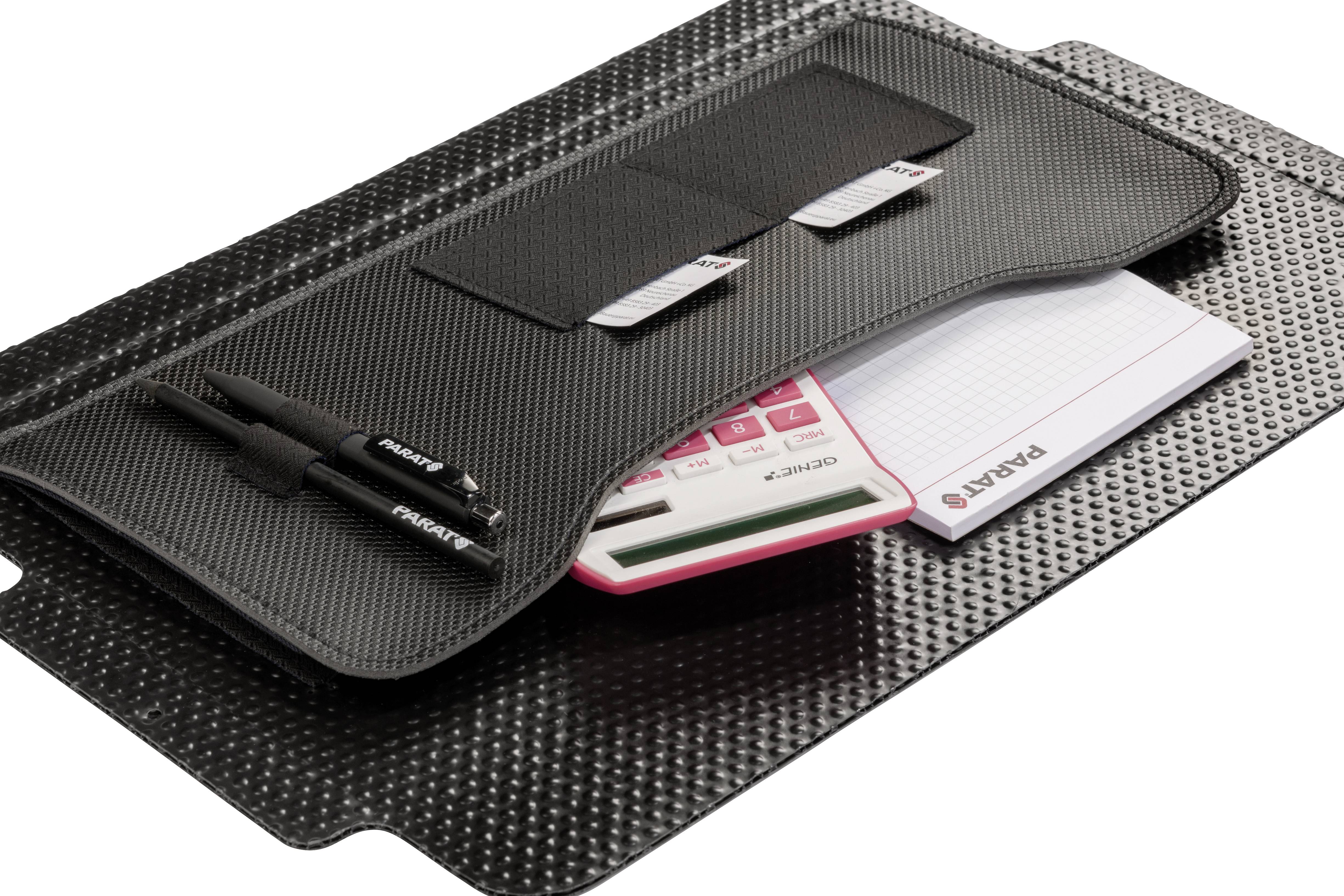 Black material document folder with two compartments, containing pens, calculator and notepad.