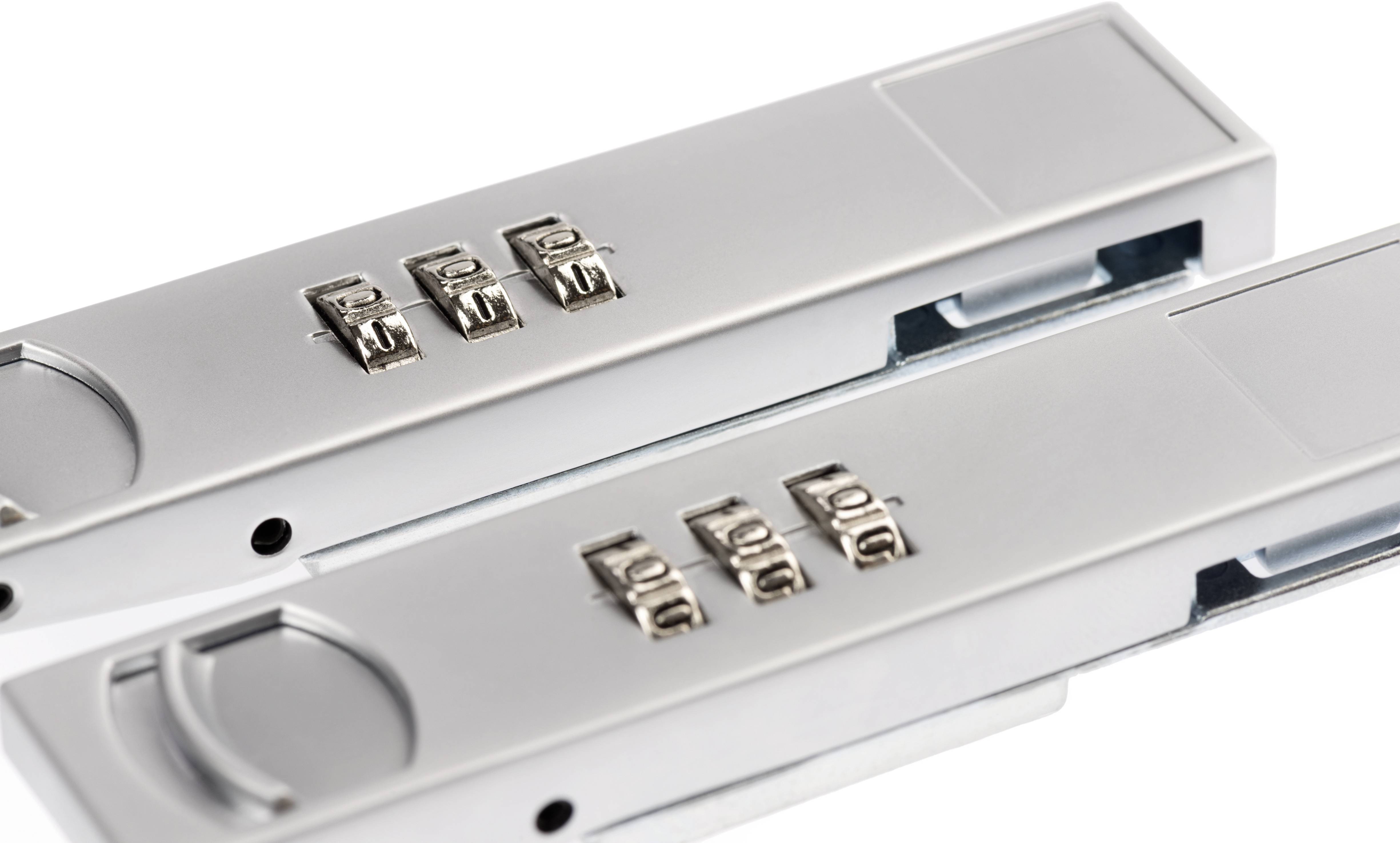 Two silver combination locks side by side, each with a four-digit code. Security mechanism for doors.