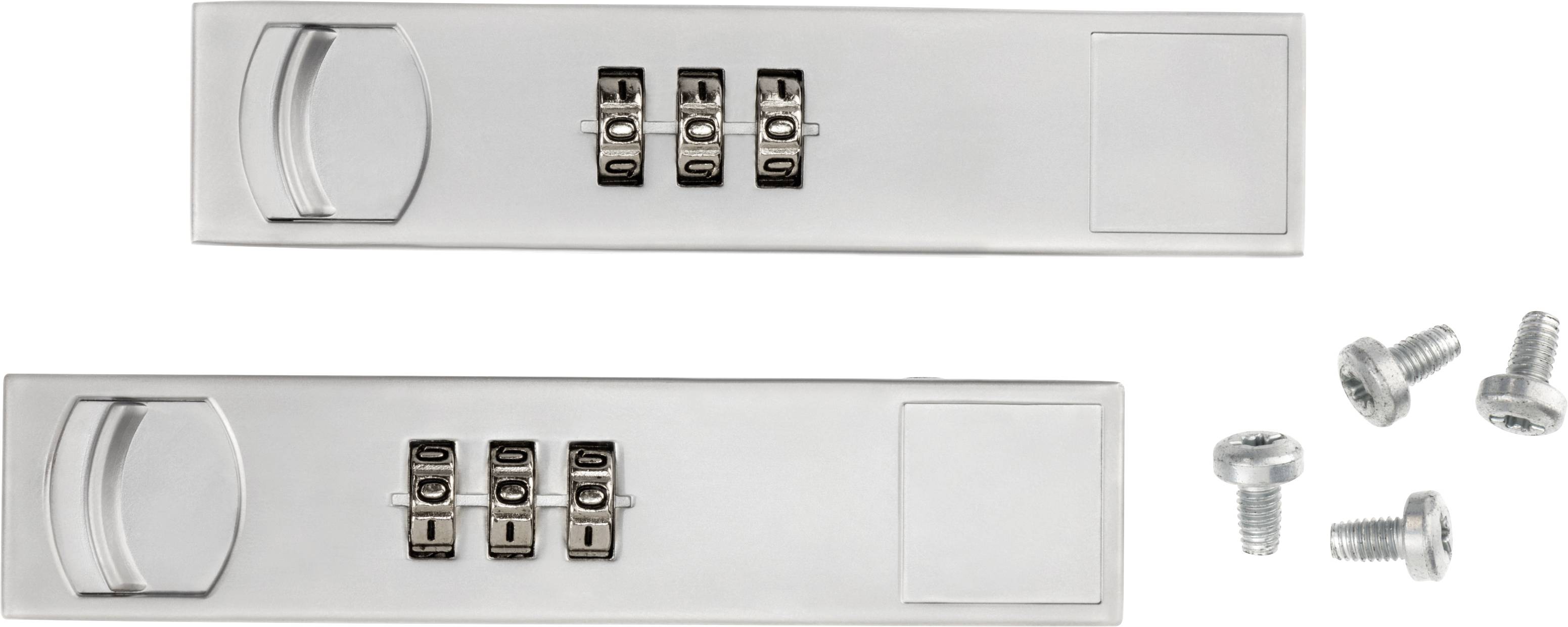 Two silver combination locks with three rotating number wheels each and four screws positioned to the right. Suitable for sliding doors.