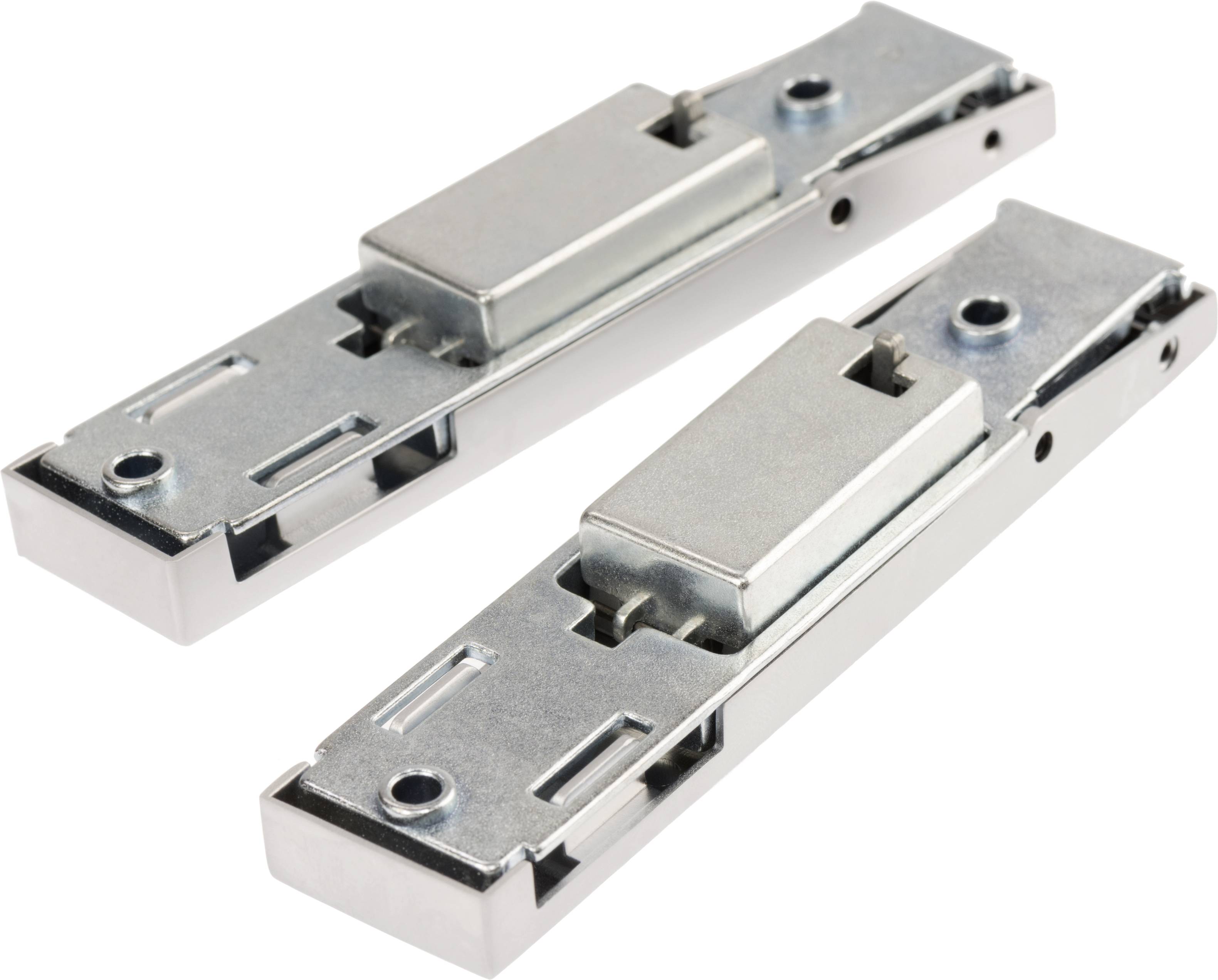 Two silver metal drawer runners, lying side by side, with a spring mechanism for easy installation and removal.