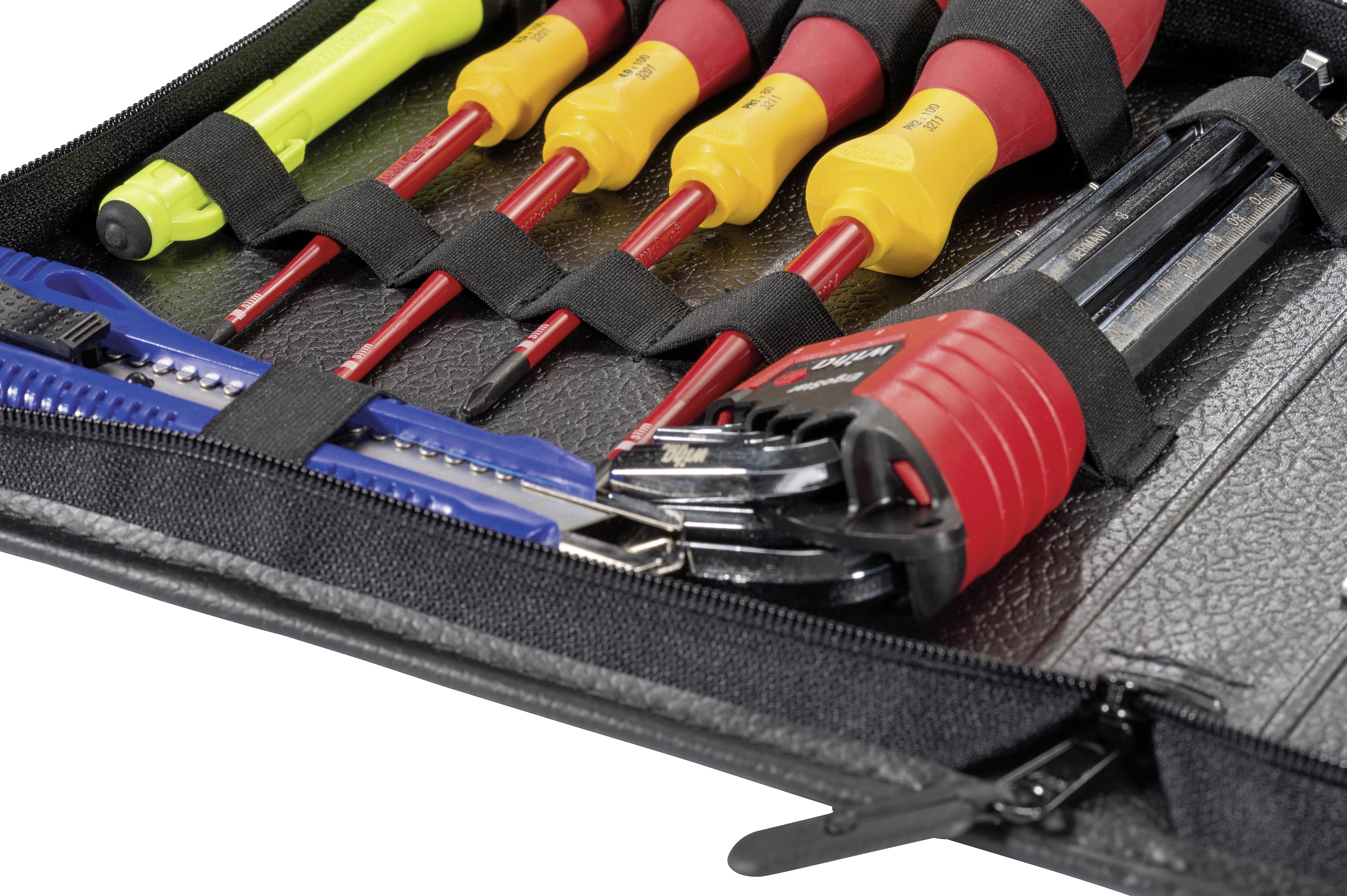 An opened case with several handy tools, including screwdrivers and a craft knife, securely fastened in loops.