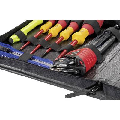 An opened case with several handy tools, including screwdrivers and a craft knife, securely fastened in loops.