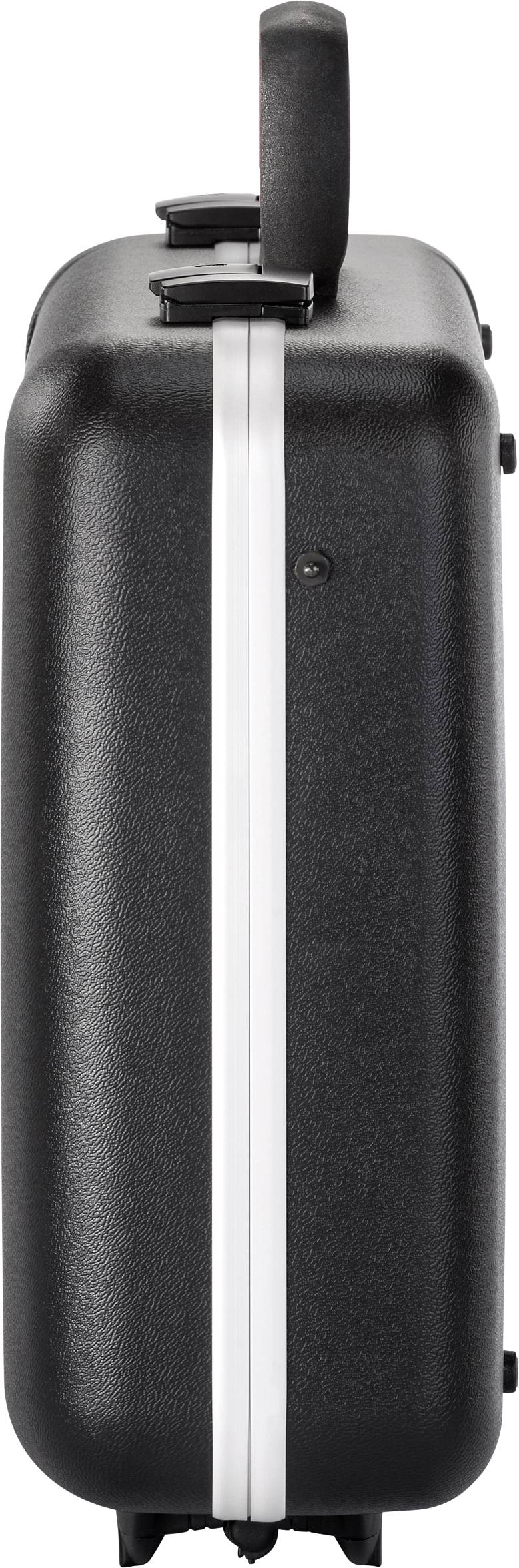 A black hard-shell suitcase viewed from the side, with a silver zip and handle at the top, standing upright on wheels.