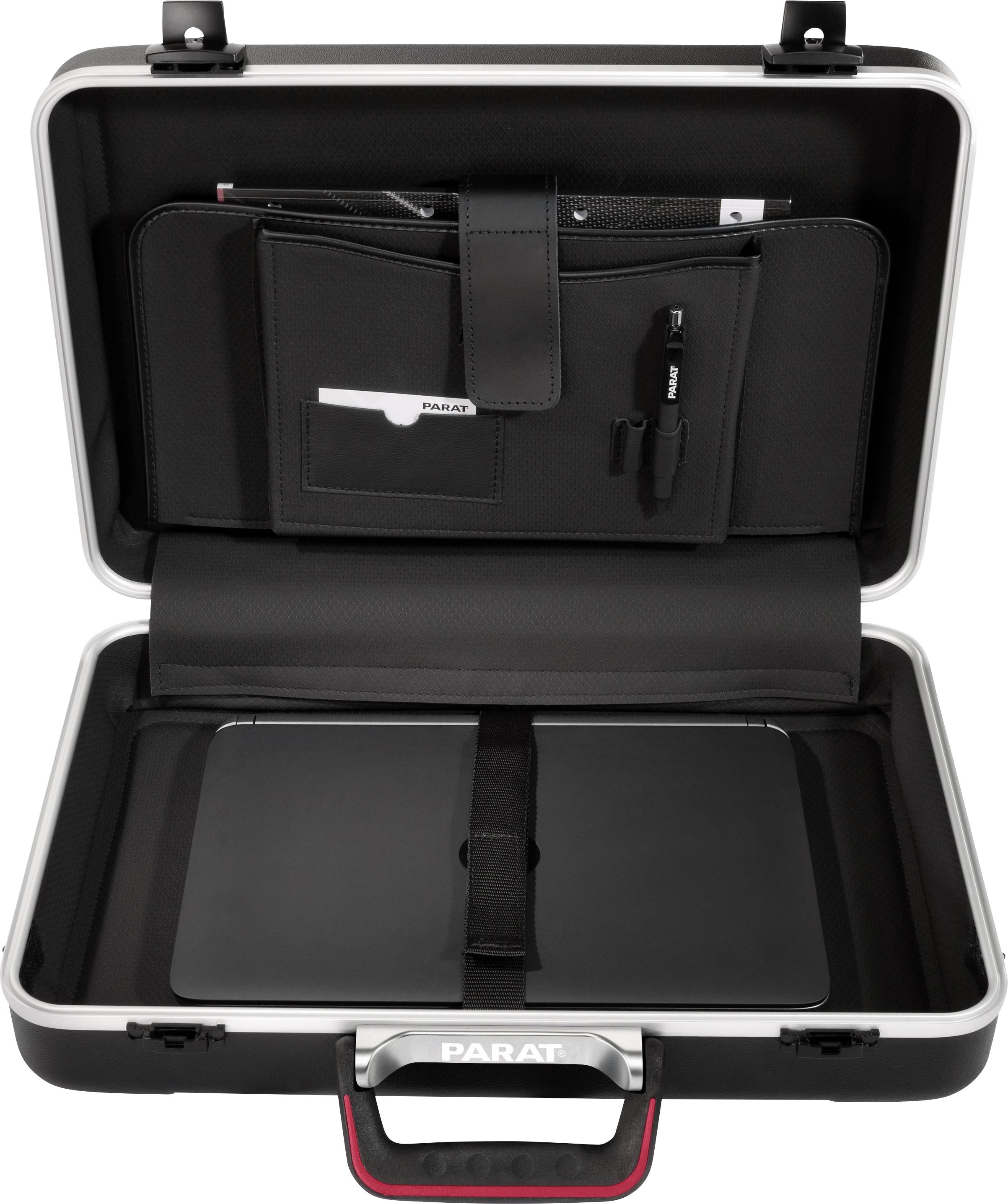 An open black briefcase with a laptop compartment, document sections, and pen loops, with the brand name 'PARAT' visible on the handle.
