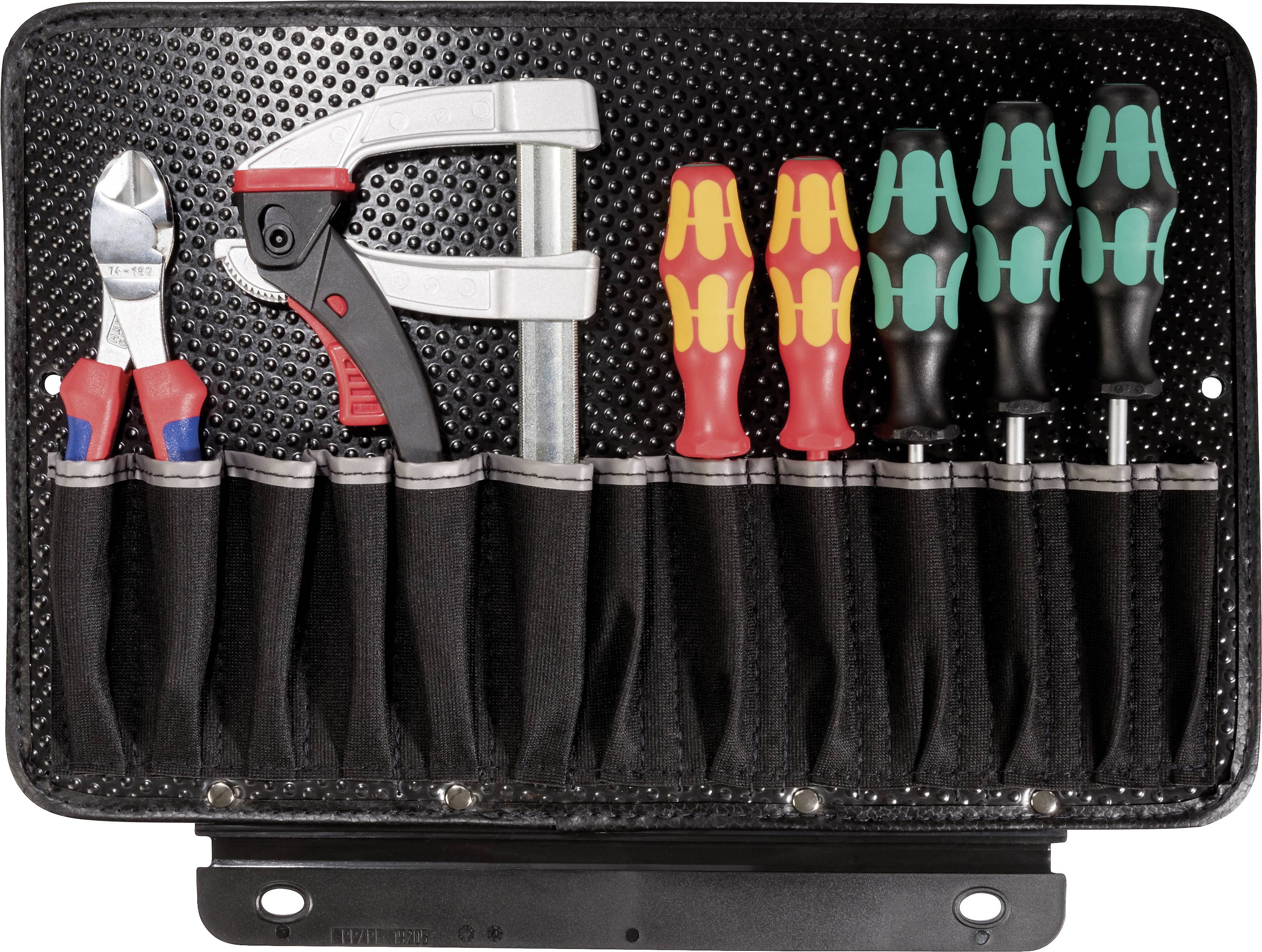 Tool bag with pliers, G-clamp and six screwdrivers in various colours and sizes.