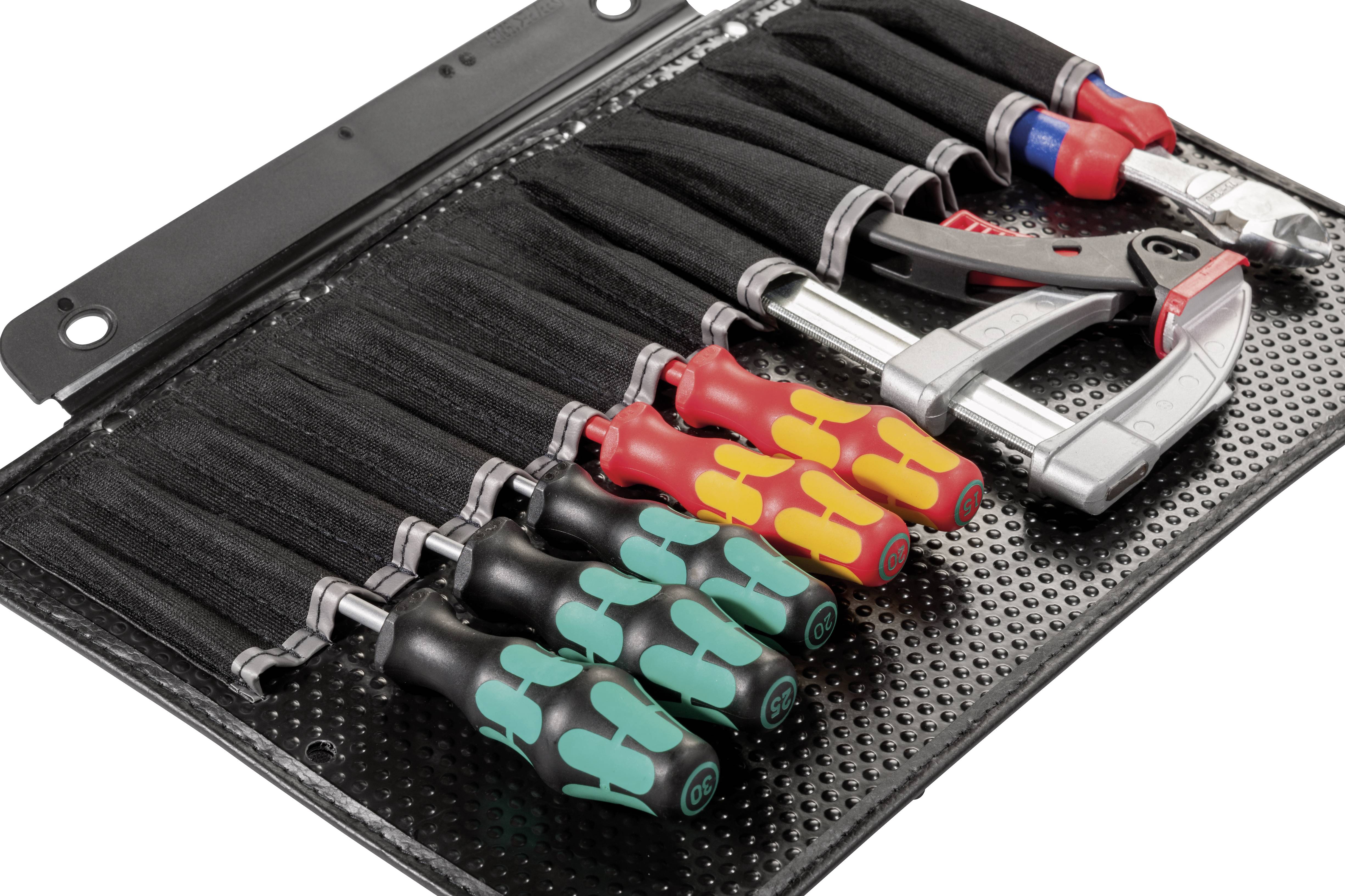 A set of nine screwdrivers and a screwdriver bit attachment in various sizes and colours, organised in a holder.