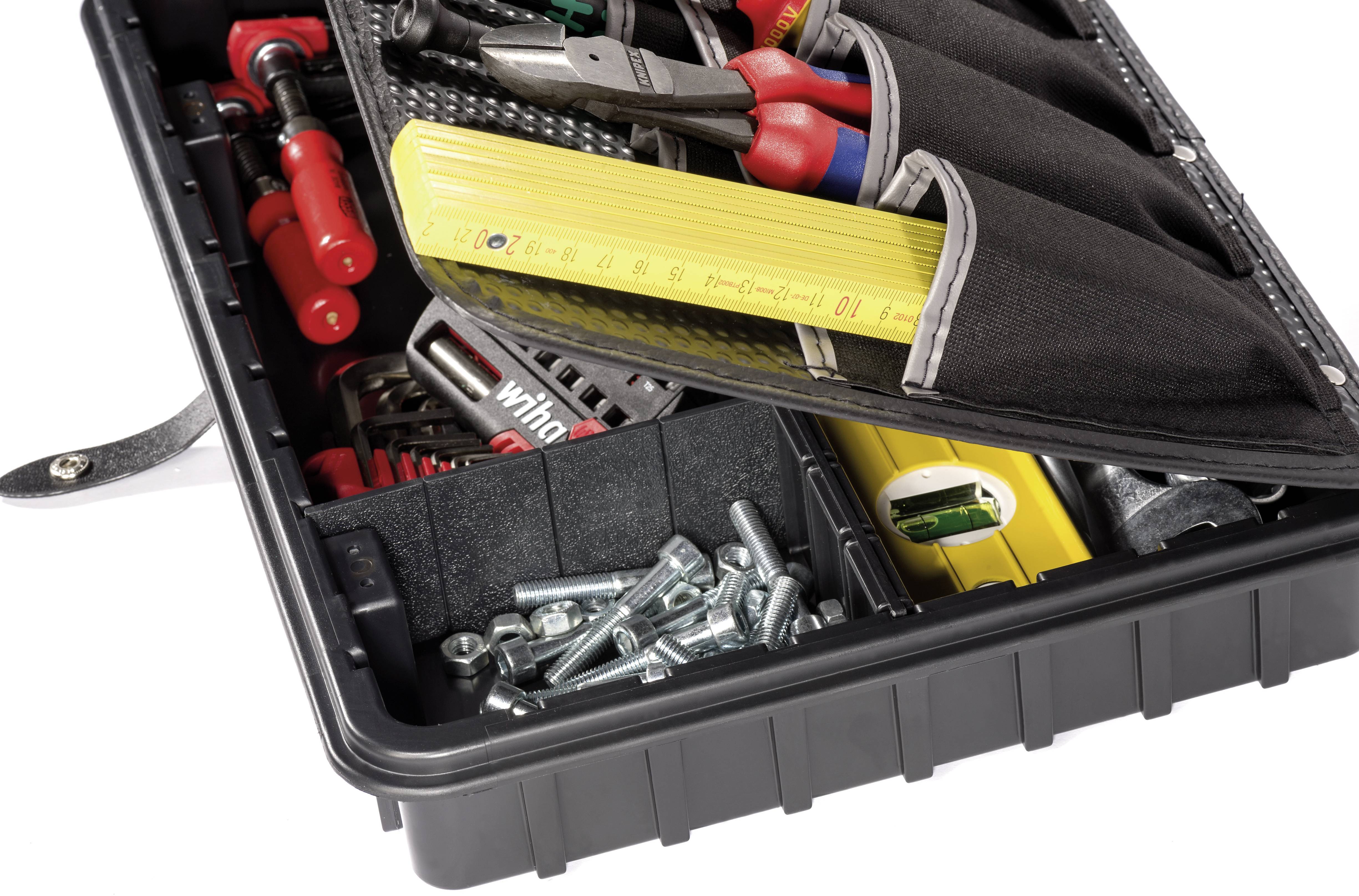 Tool case with screwdrivers, a spirit level and screws. Sorted compartments for precise tool storage.