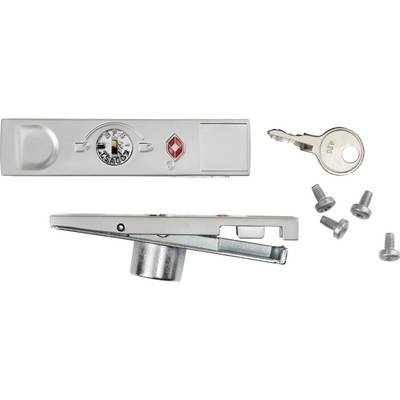 A silver padlock with a key and four screws. The lock displays a combination lock and a TSA logo.