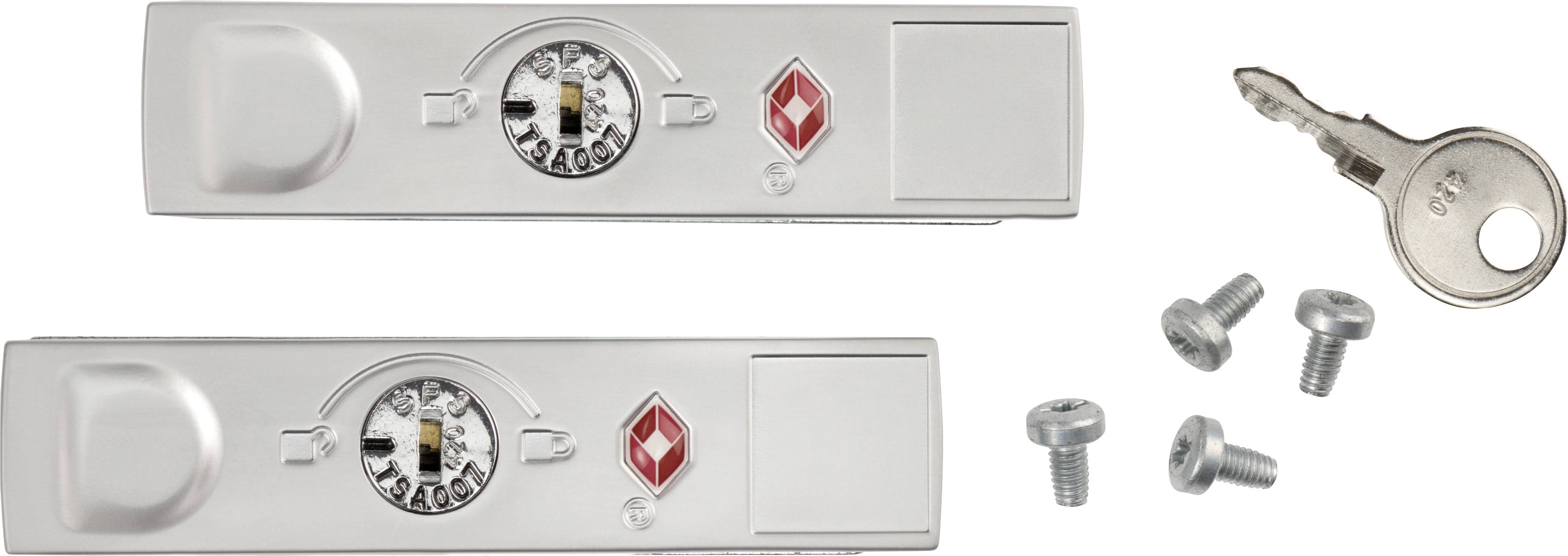 Two silver briefcase locks with number combination; a key and four screws are lying next to them on the right.