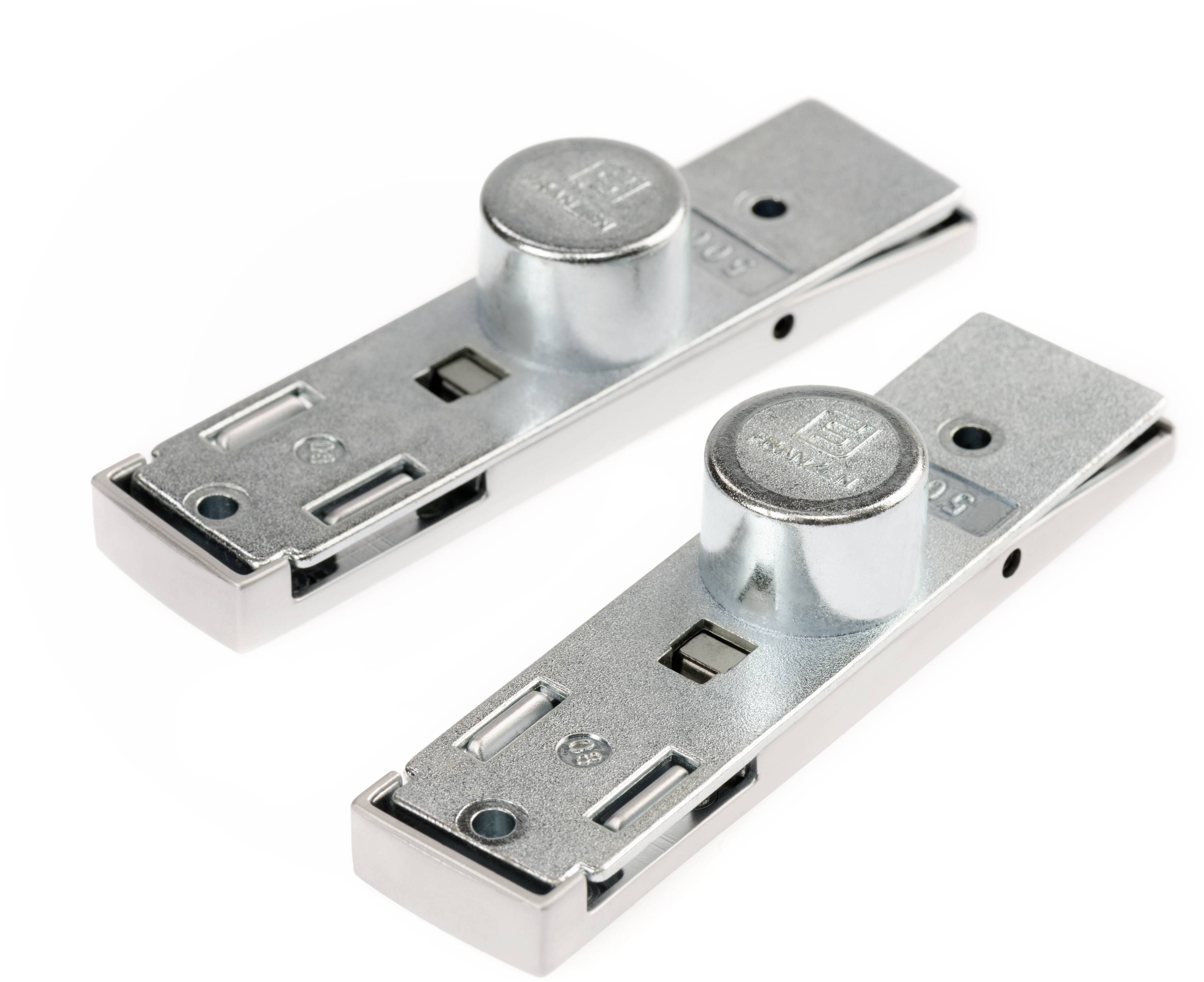 Two silver metal bolts on a white background, lying side by side. Automatic locking mechanism visible, suitable for doors.