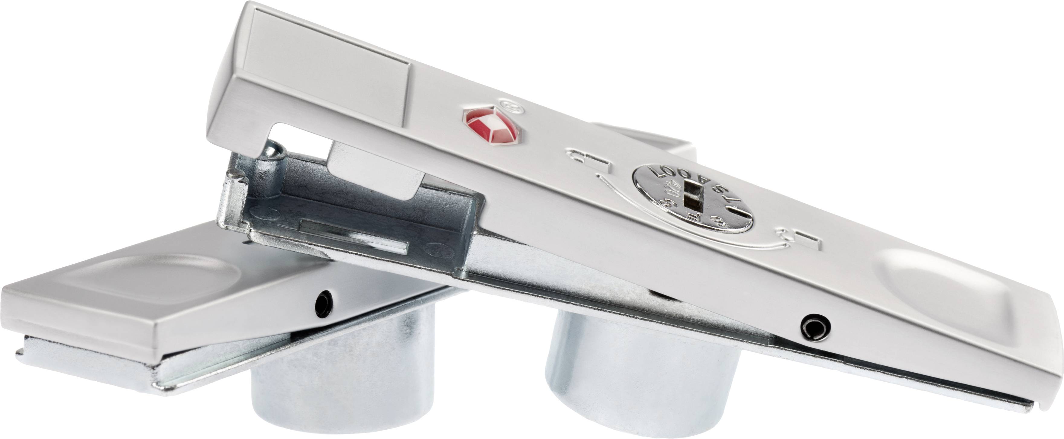 A silver locking system for gaming machines with two round, raised elements and a lock in the centre.