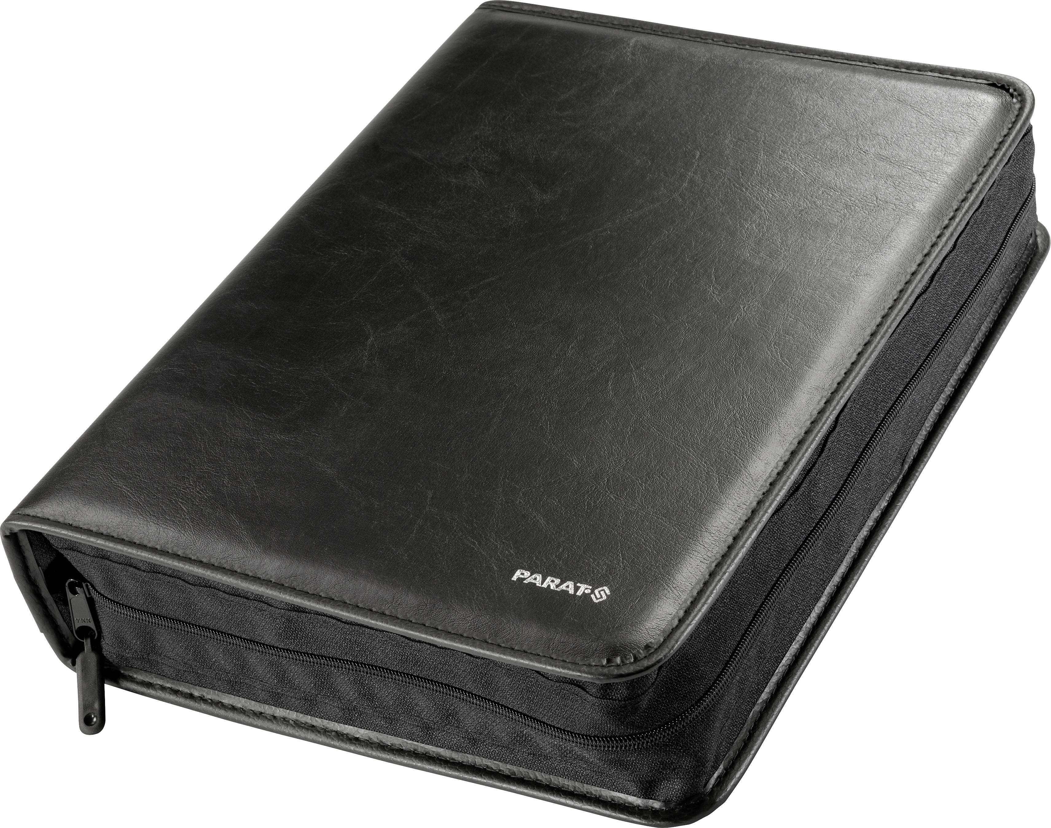 A black leather folder with a zip, closed, rests on a white surface.