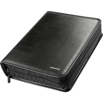 A black leather folder with a zip, closed, rests on a white surface.