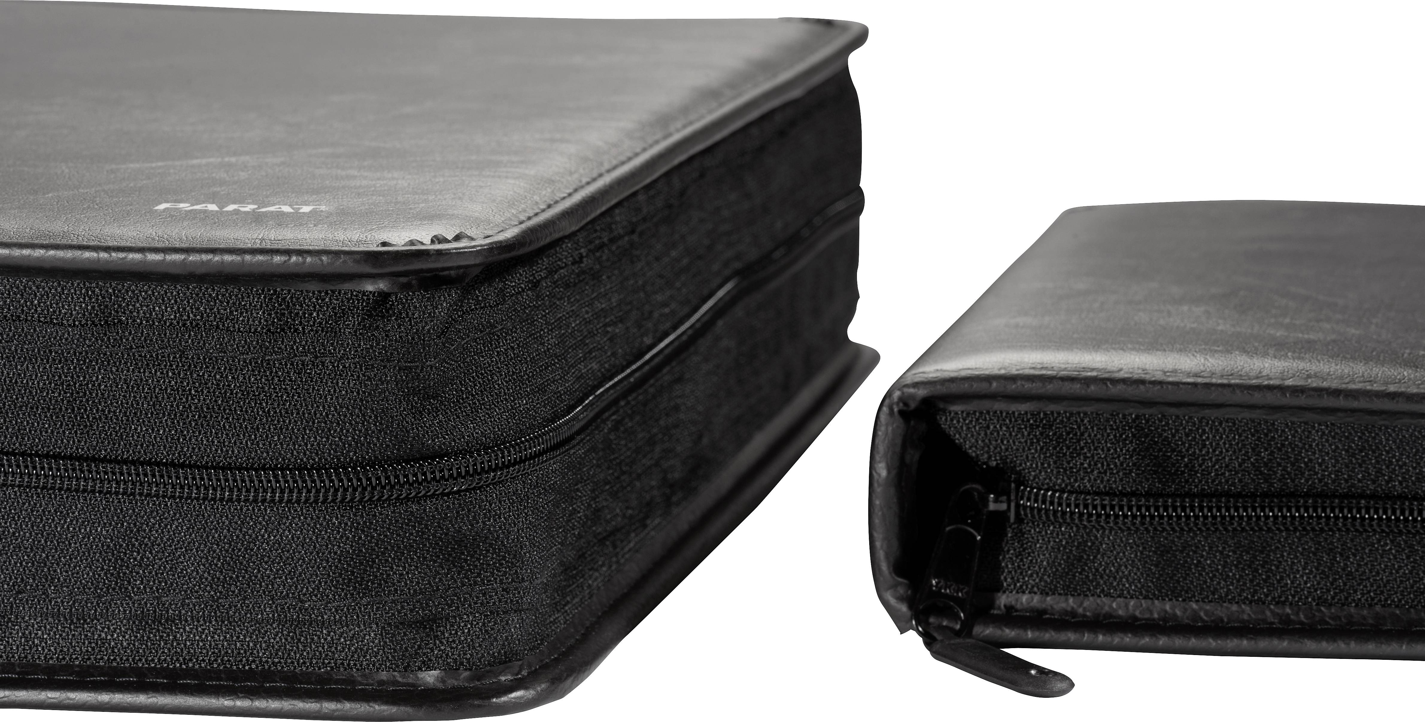 Two black leather zip-up organisers, one lying down and the other standing upright.