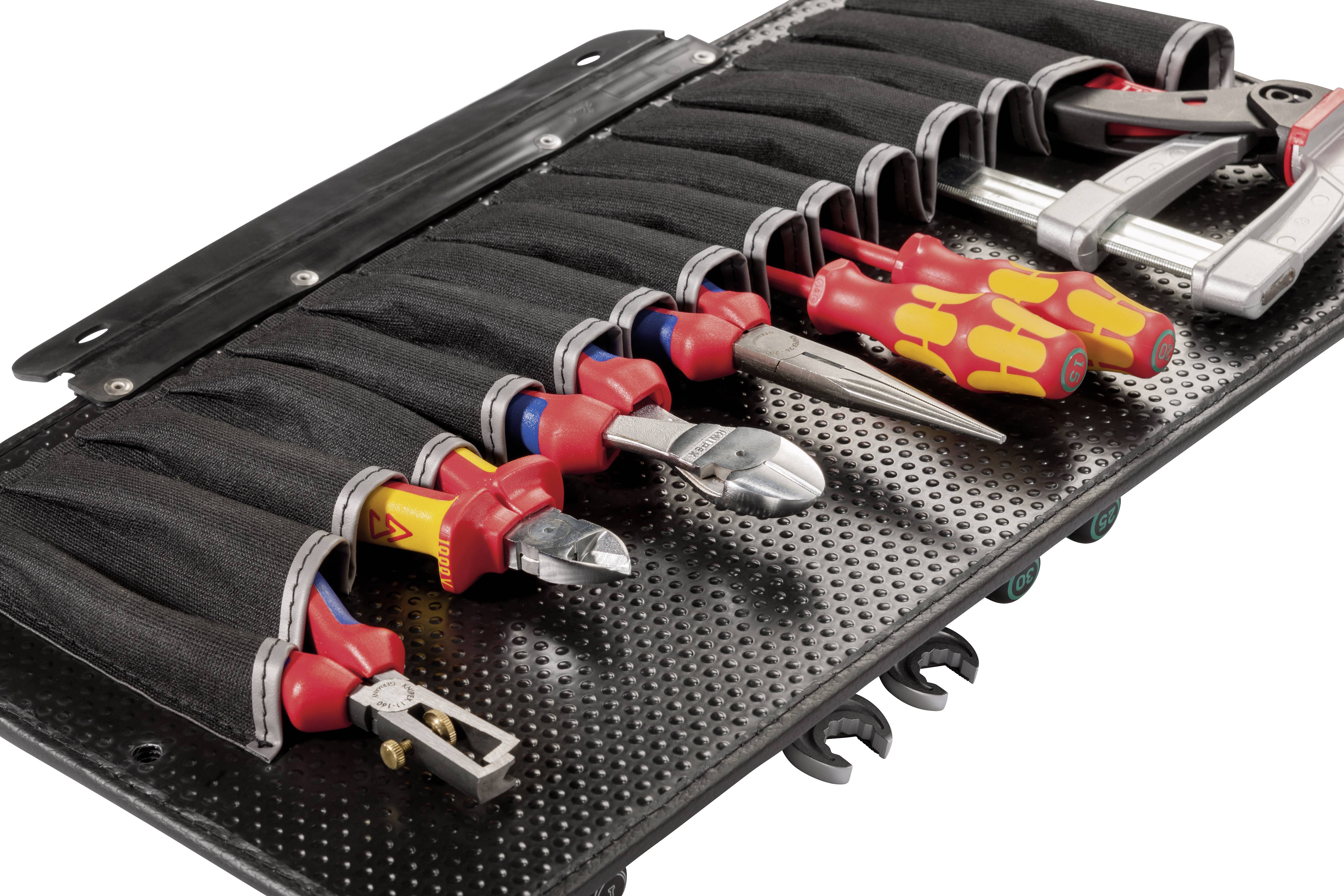 A tool bag with various hand tools, including screwdrivers and pliers, neatly organised in compartments.