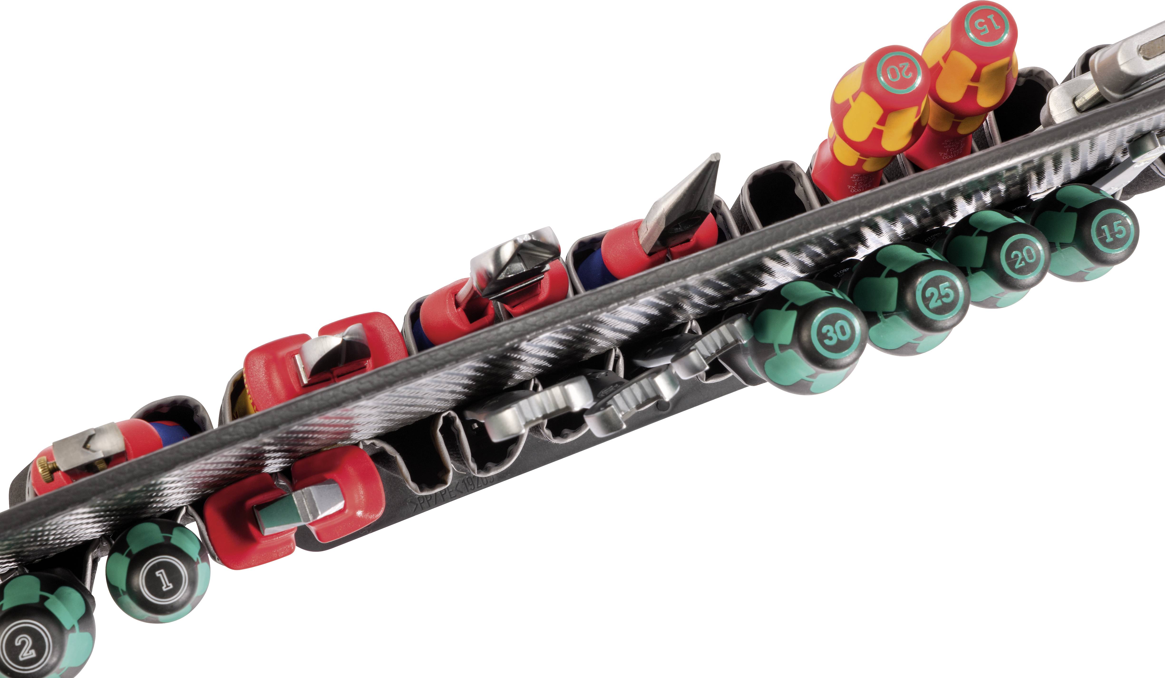 A set of various screwdriver bits in different colours and sizes, arranged in a holder.