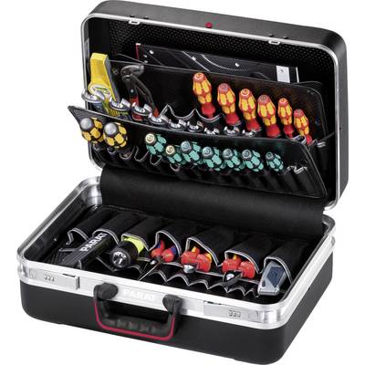 Tool case with various screwdrivers, pliers and a measuring tape. Organised in compartments, ideal for DIY work.