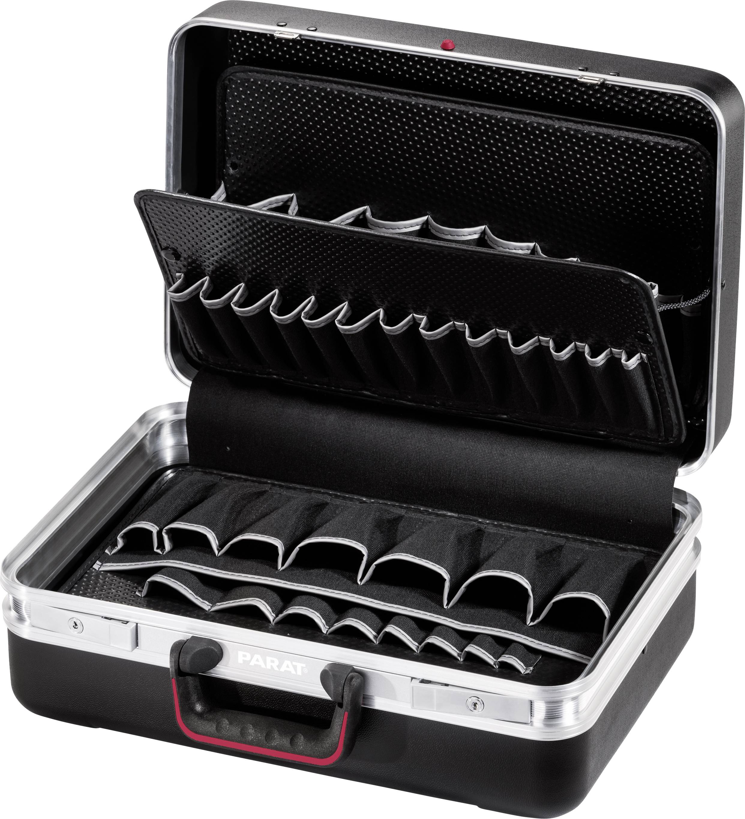 'Black tool case with open compartments, suitable for organising tools or accessories.'