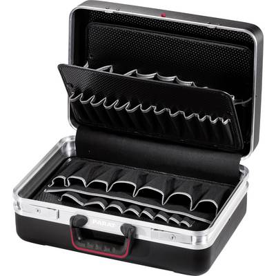 'Black tool case with open compartments, suitable for organising tools or accessories.'