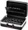 'Black tool case with open compartments, suitable for organising tools or accessories.'
