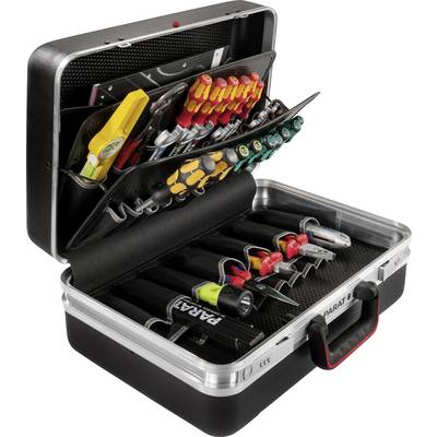 The opened toolbox reveals various screwdrivers and tools neatly organised in holders and pouches.