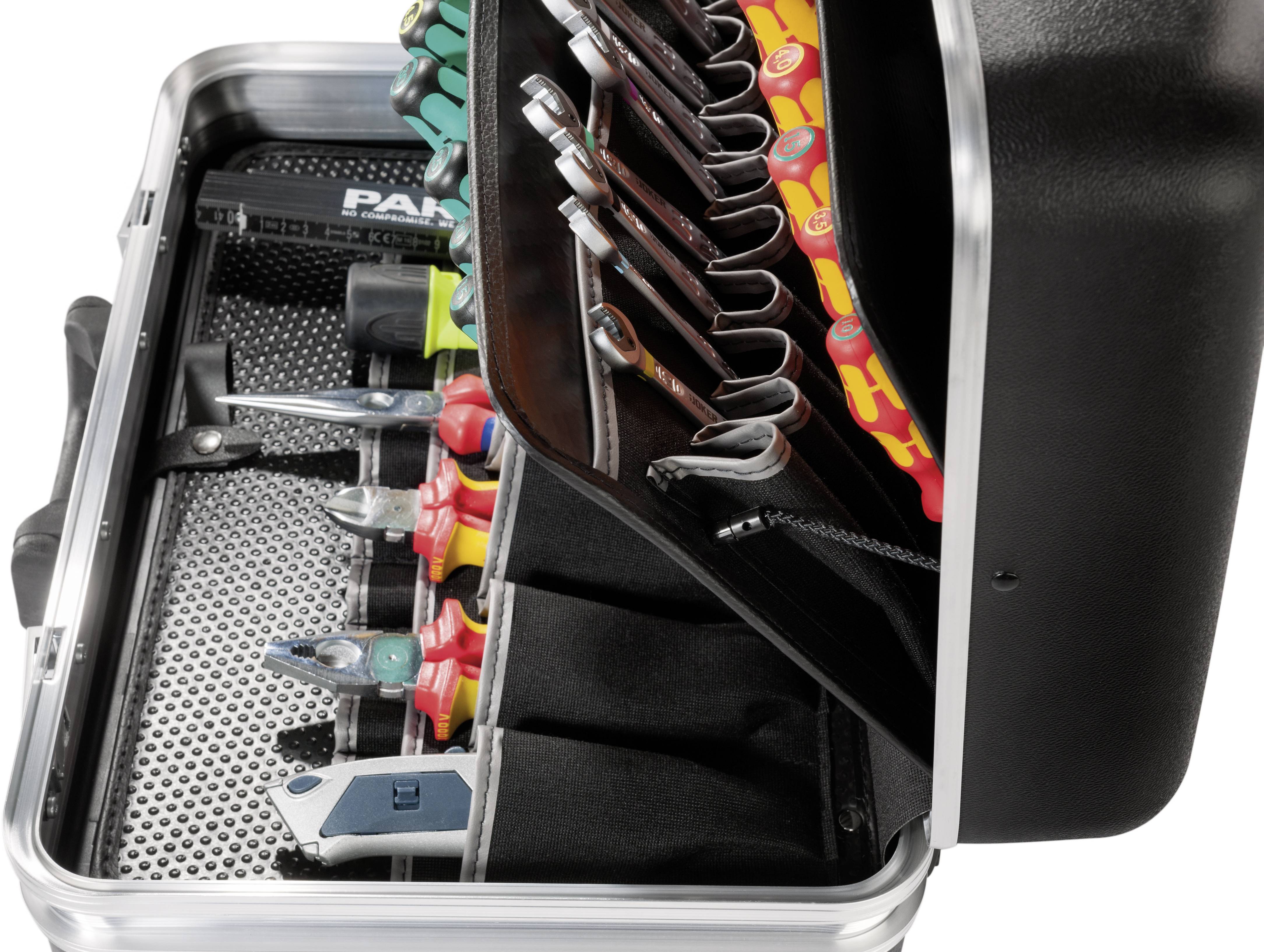 Tool case with an open lid, containing various screwdrivers and tools, neatly organised in compartments.