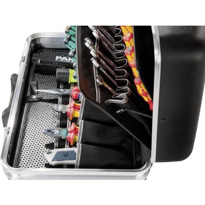 Tool case with an open lid, containing various screwdrivers and tools, neatly organised in compartments.