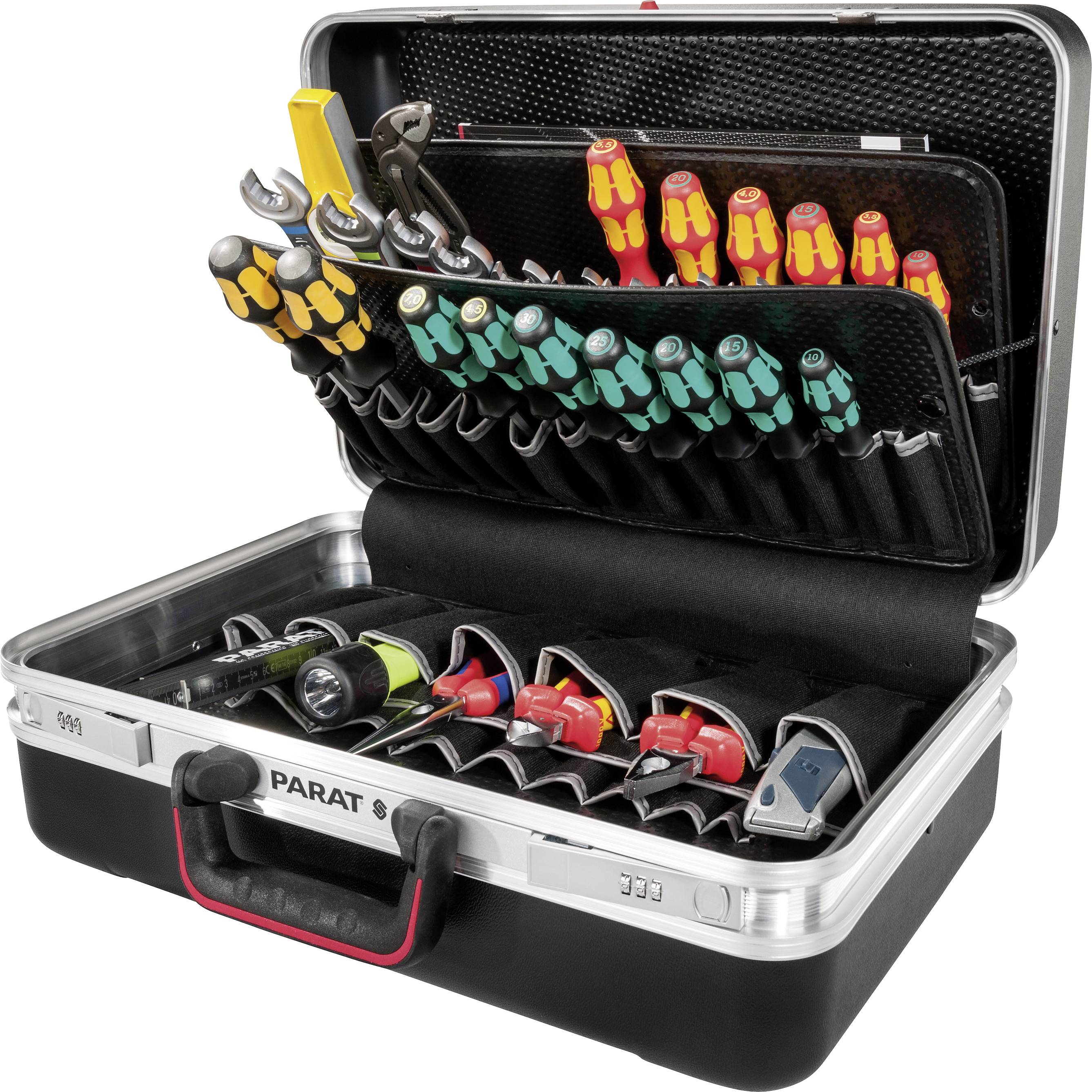 'An open toolbox with various screwdrivers, spanners, and pliers, neatly arranged in compartments.'
