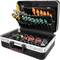 'An open toolbox with various screwdrivers, spanners, and pliers, neatly arranged in compartments.'