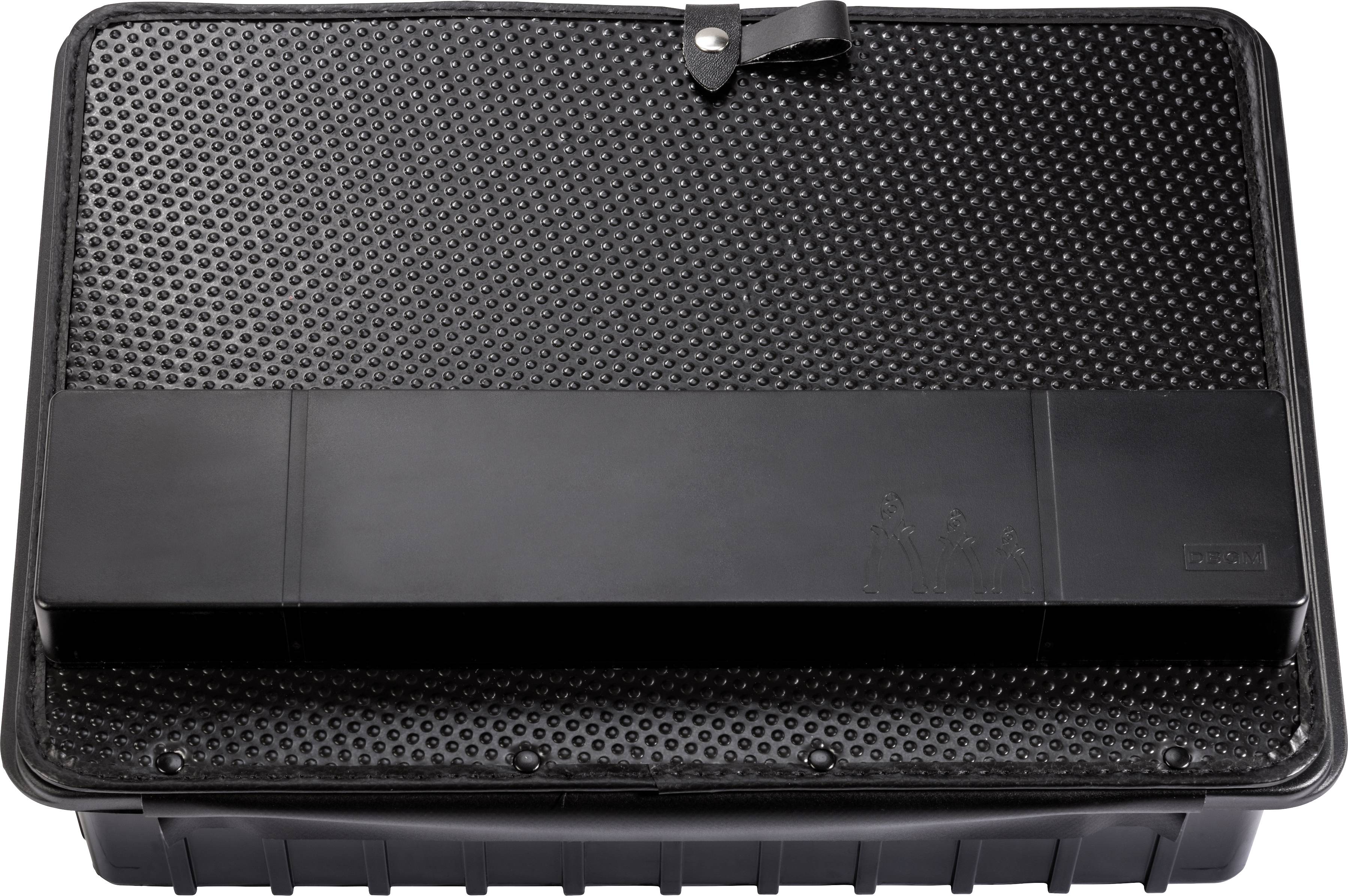 A black, rectangular tray with a textured base, suitable for tool storage, with a closure on top.