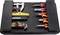 An open toolbox containing pliers, screwdrivers, a spirit level module, a Stanley knife, and Allen keys.
