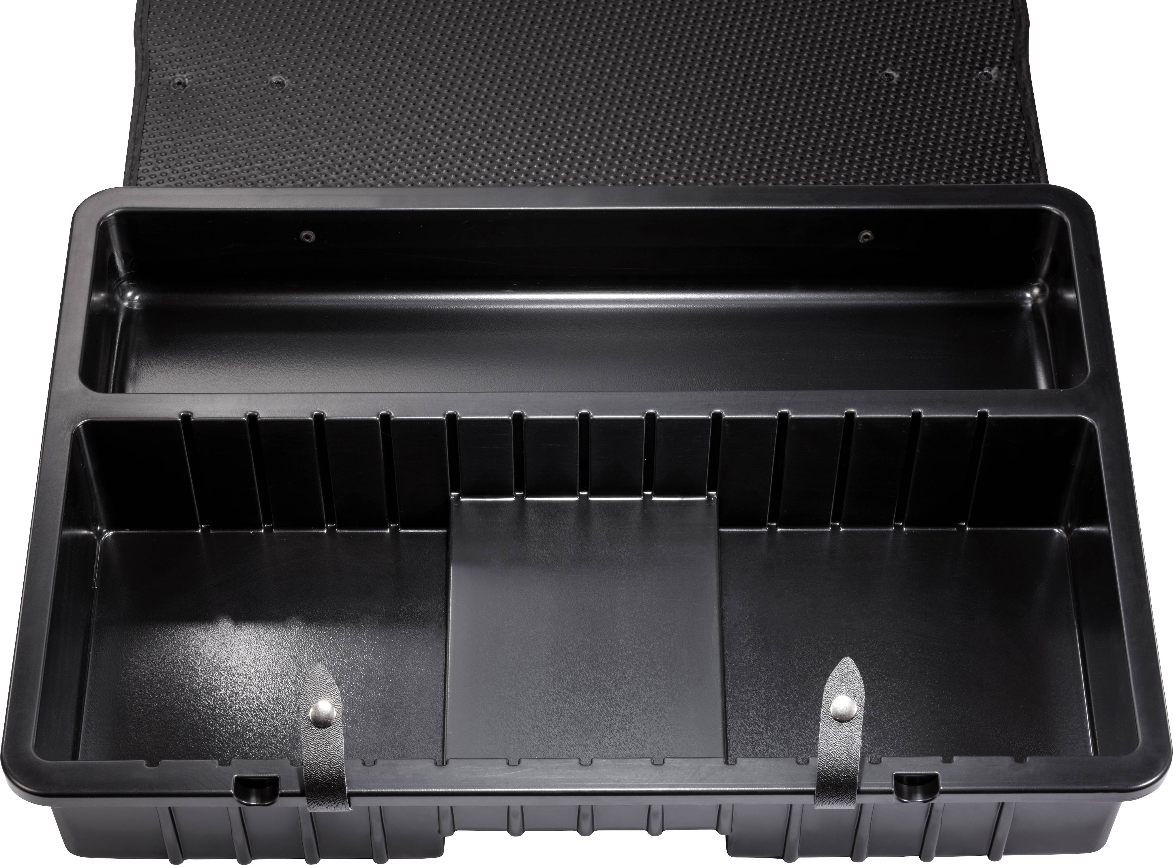 Black plastic toolbox, opened, with two large compartments and a hinged lid. Ideal for storing tools.