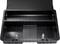 Black plastic toolbox, opened, with two large compartments and a hinged lid. Ideal for storing tools.