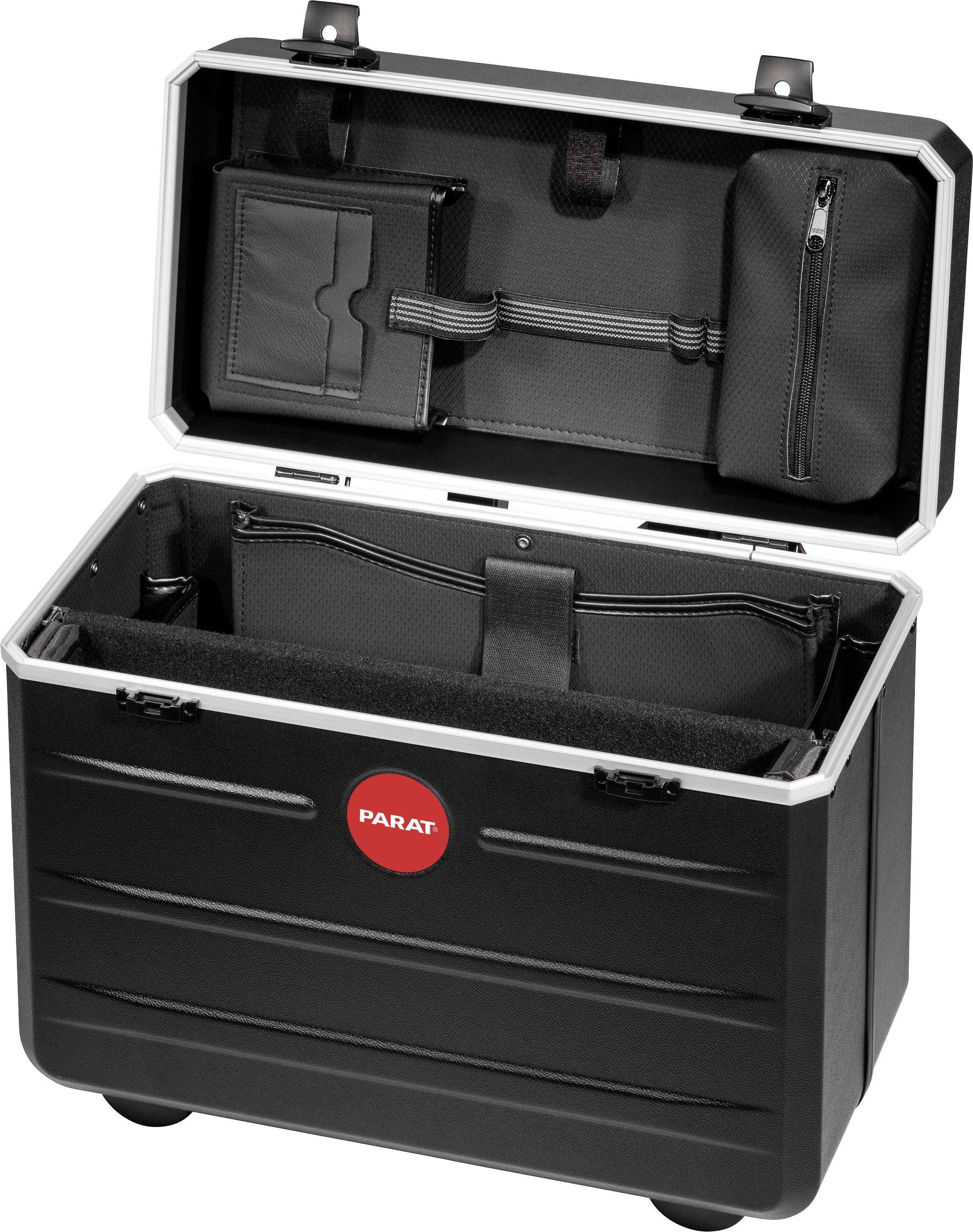Black tool case with open lid. Interior compartments for tools and accessories. Red 'Parat' logo on the front.