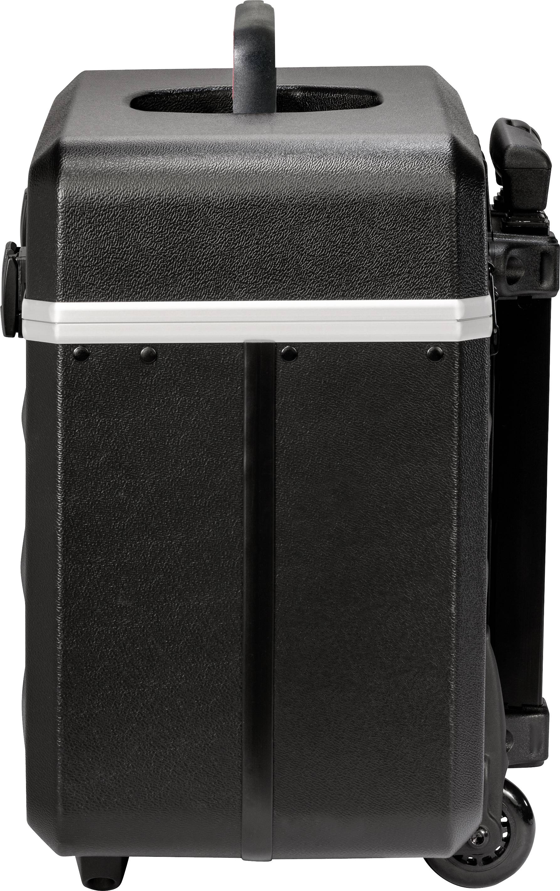 Black hard-shell suitcase with wheels, side view.