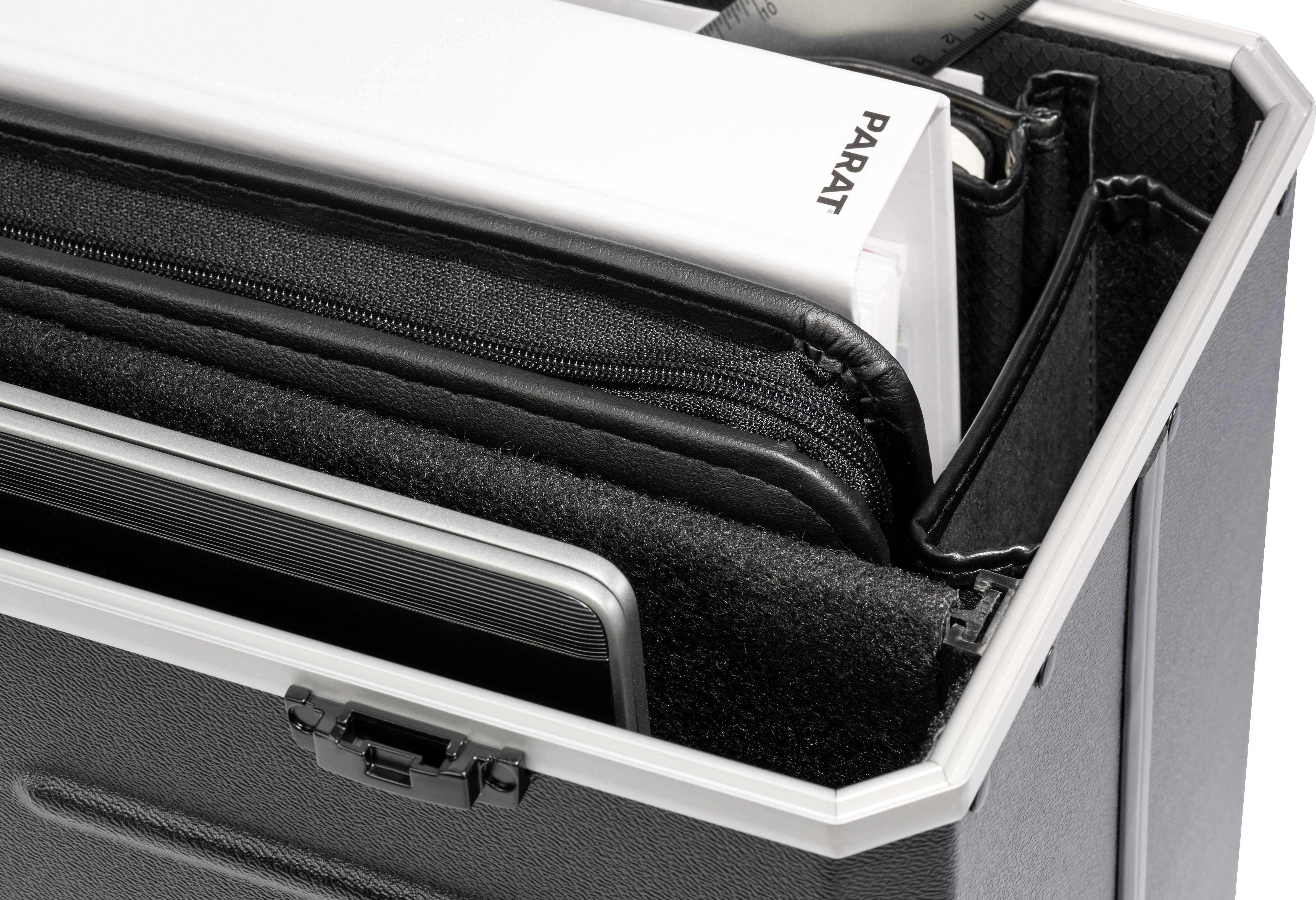 An open briefcase with files and electronic devices neatly arranged side by side.