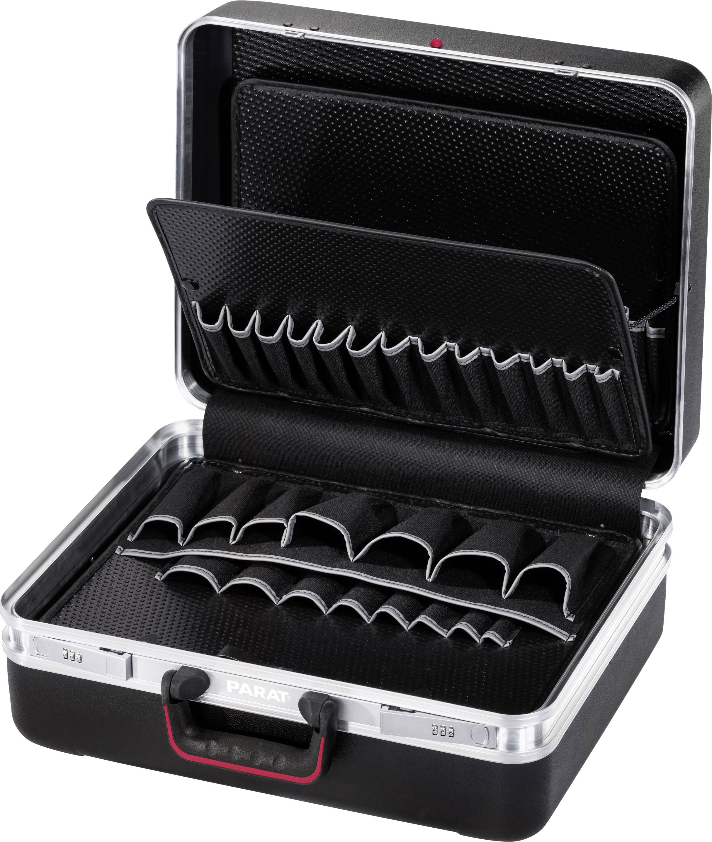 An open, black tool case with multiple compartments and slots for tools, suitable for neatly storing equipment.